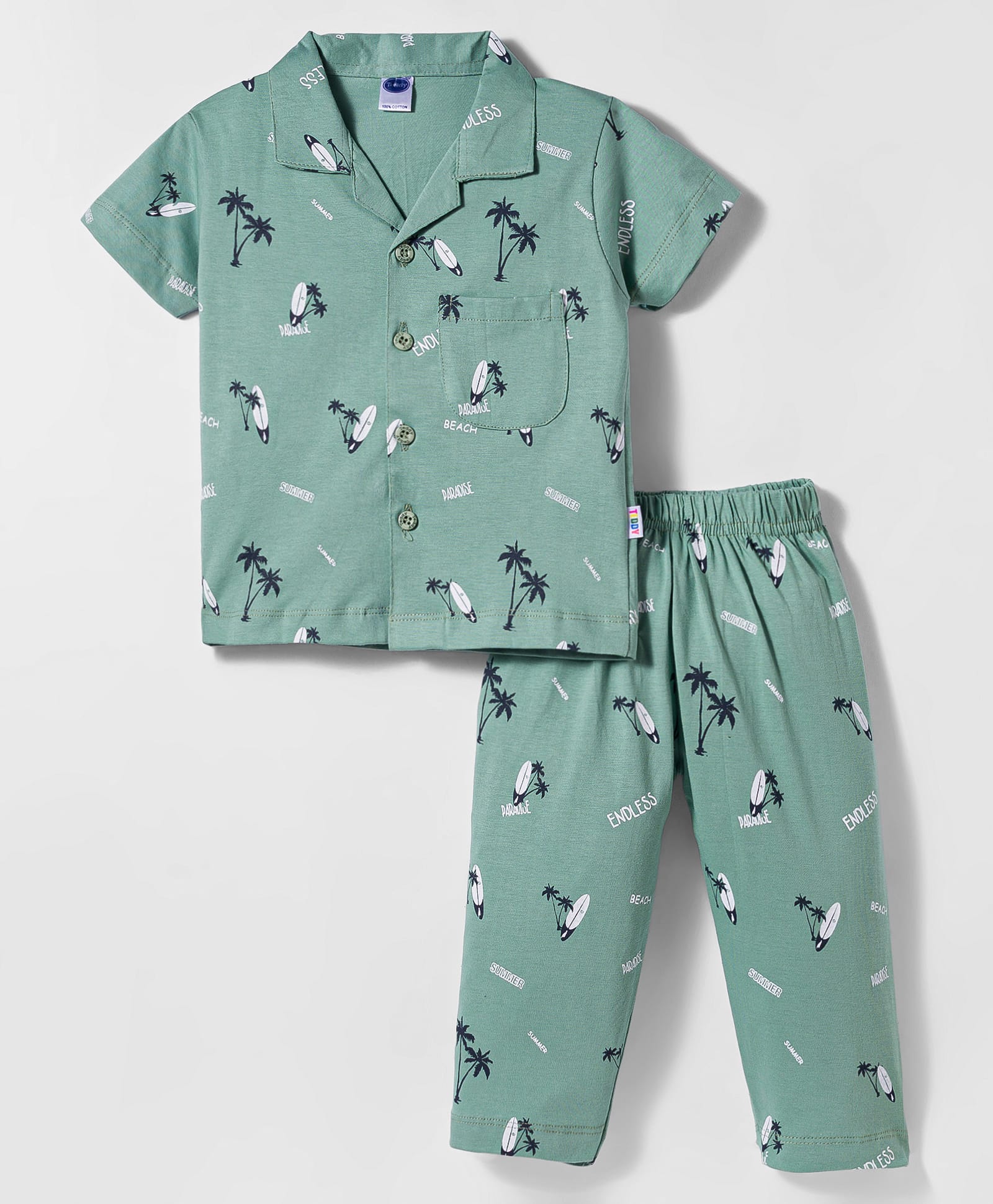 Teddy Sinker Knit Half Sleeves Co-ords Night Suit With Tropical Theme Print - Olive Green-image-49