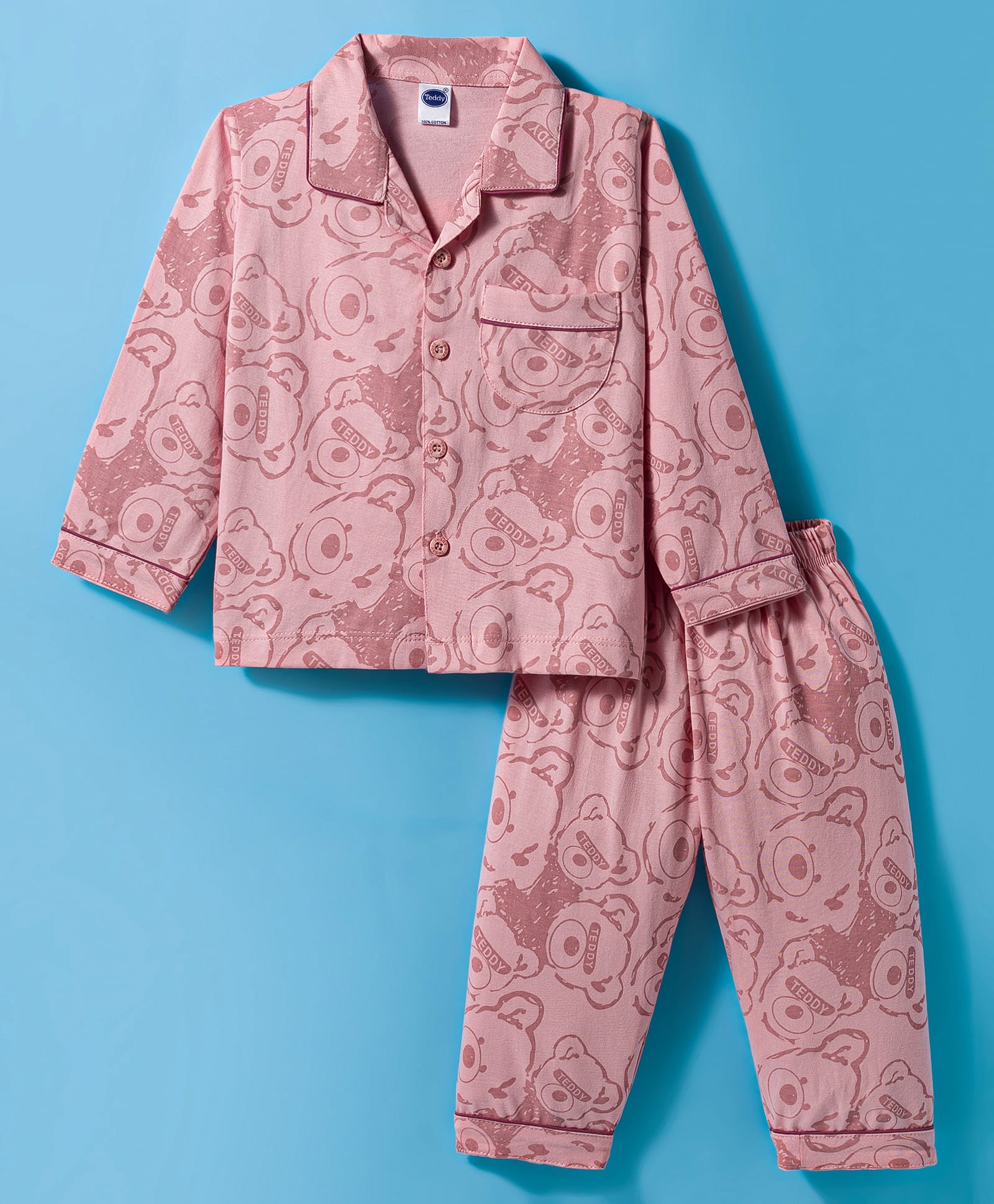 Teddy Sinker Knit Full Sleeves Co-ords Night Suit With Teddy Print - Rose Gold-picture-3