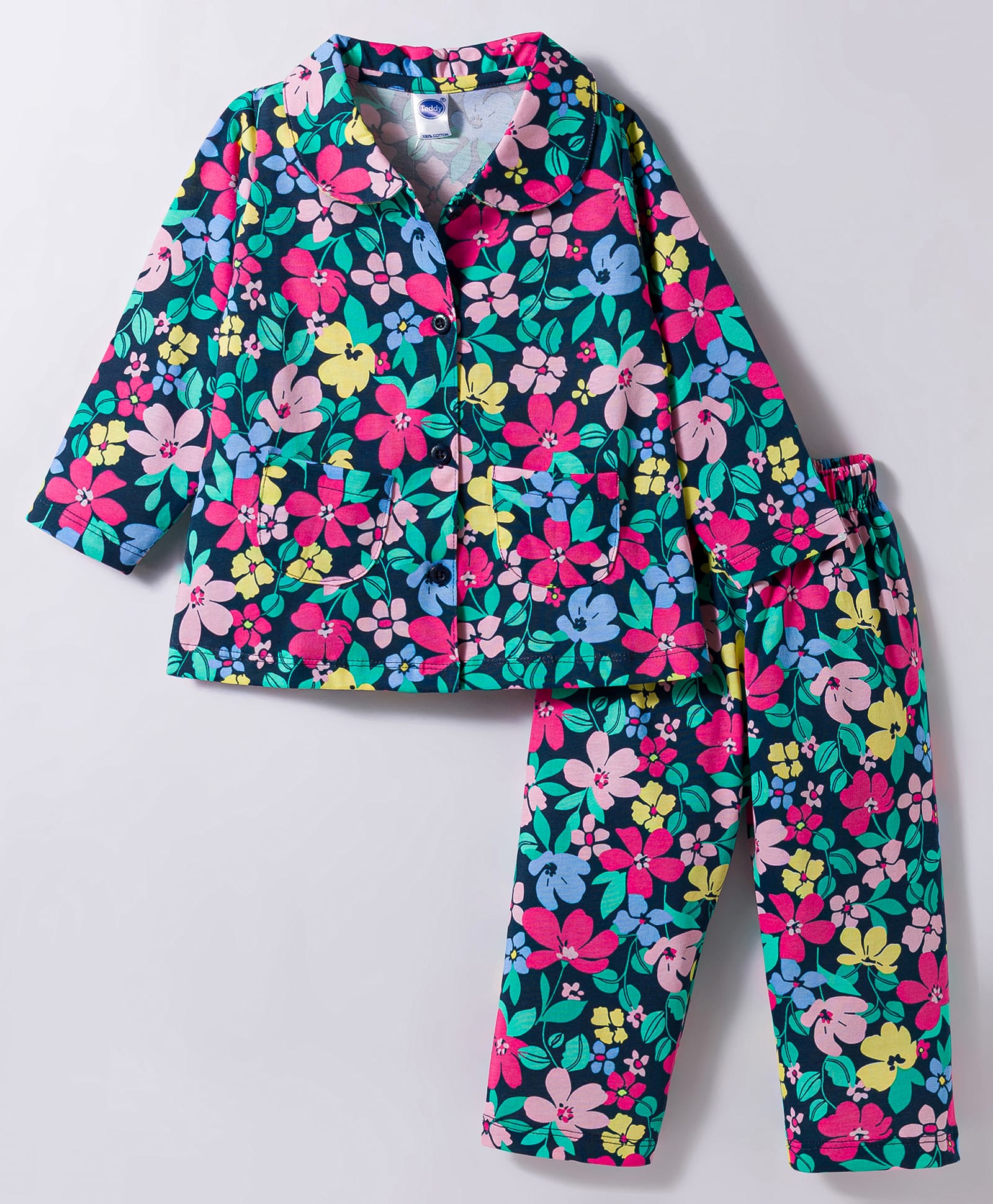 Teddy Sinker Knit Full Sleeves Co-ords Night Suit With Floral Print - Navy Blue-image-43