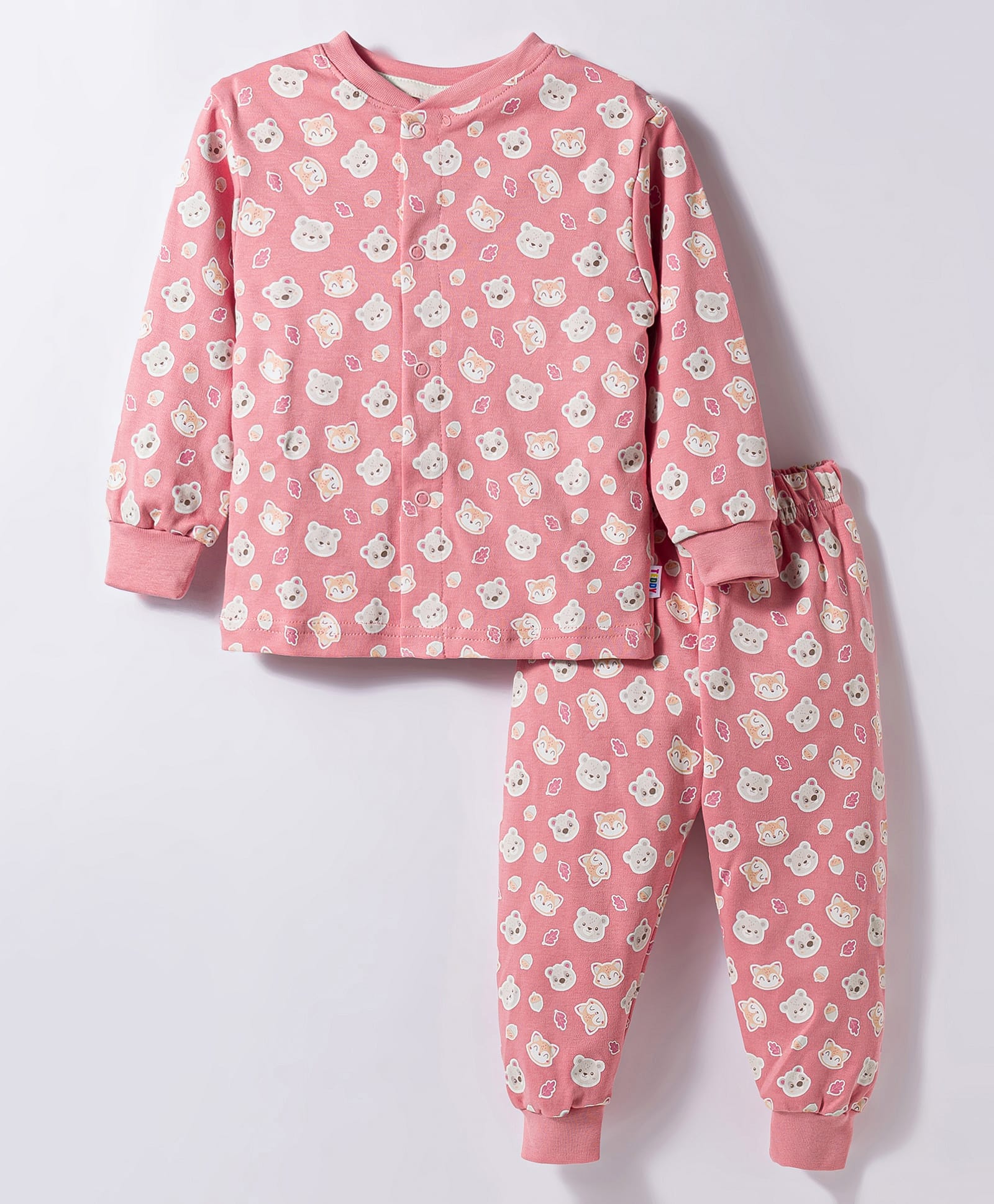 Teddy Sinker Knit Full Sleeves Co-ords Night Suit With Bear Print - Pink-picture-18