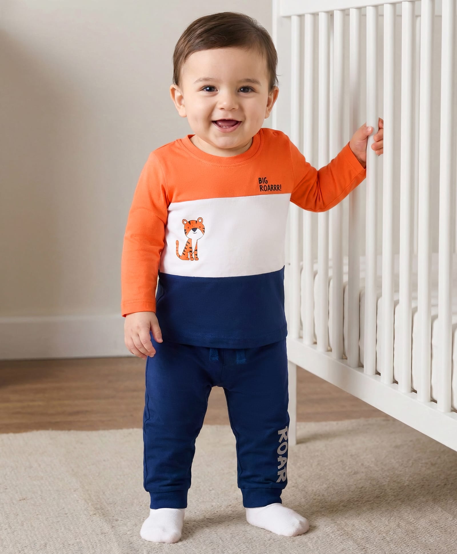 Doodle Poodle 100% Cotton Single Jersey Knit Full Sleeves Cut & Sew T-Shirt & Lounge Pant Set with Tiger Print - Navy Blue-image-45
