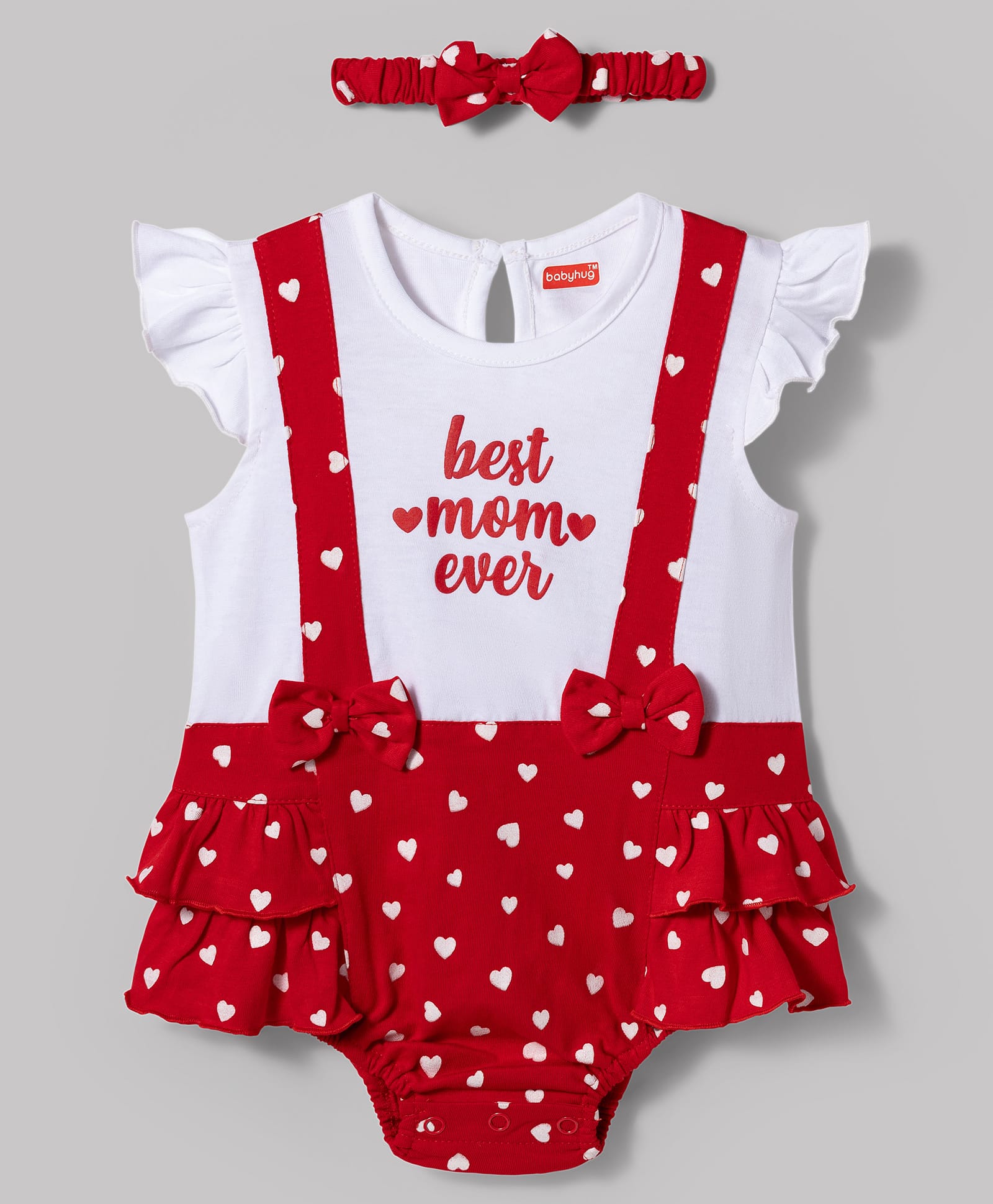 Babyhug 100% Cotton Knit Frill Sleeves Onesie with Headband Heart Print & Bow Applique - Red & White-image-33