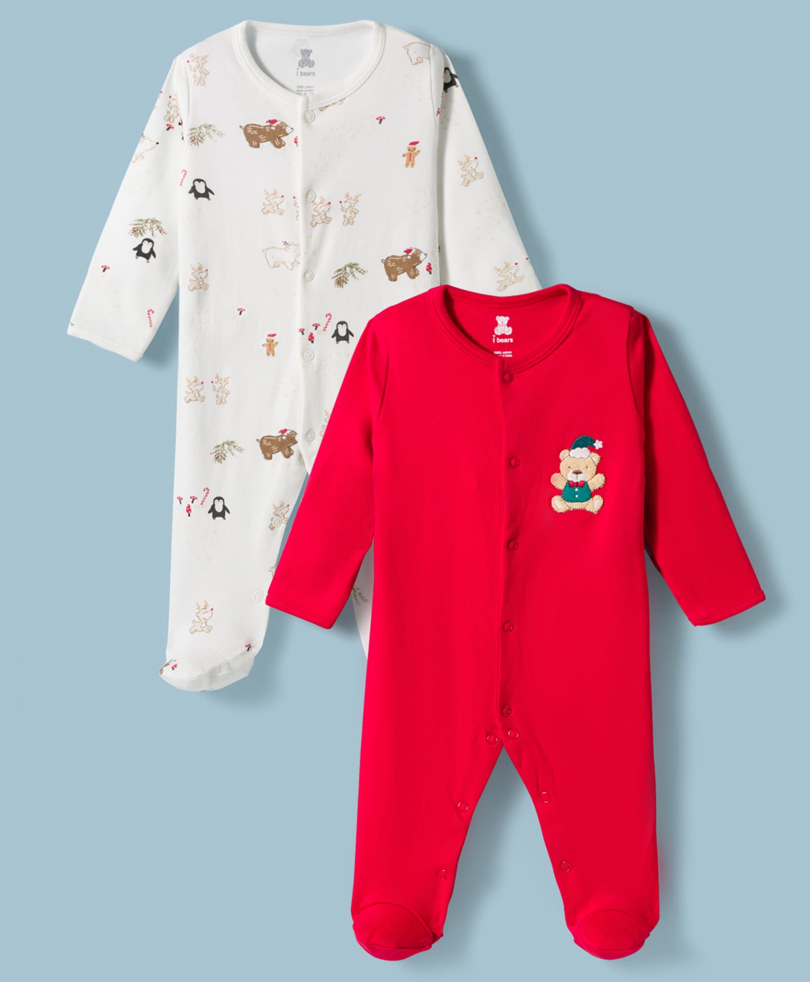 I Bears Interlock Knit Full Sleeves Footed Rompers with Animal Print Pack of 2- Red & White-image-12
