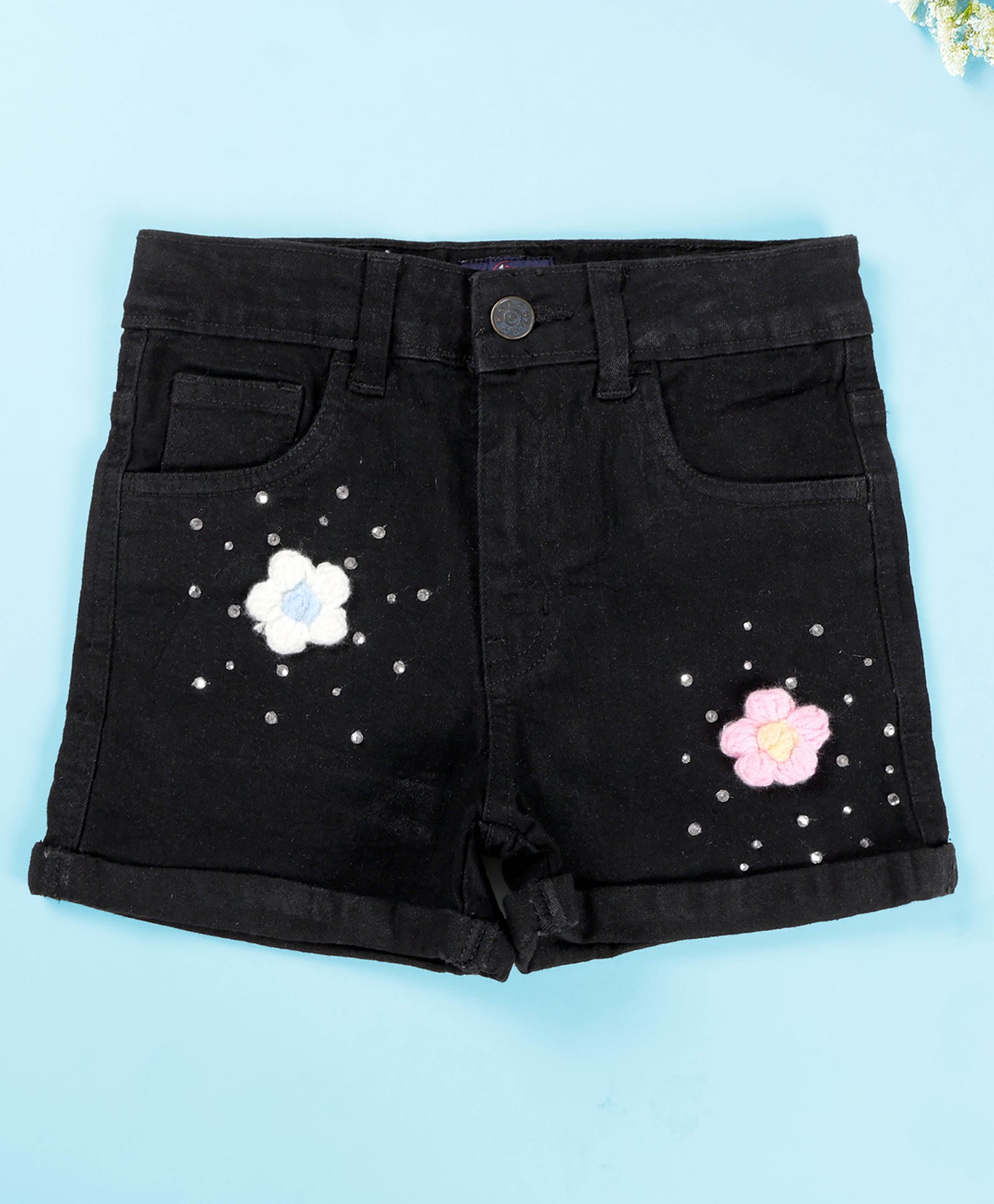 Kiddopanti Denim Woven Floral Applique Detailed & Rhinestones Embellished Shorts - Black-picture-15