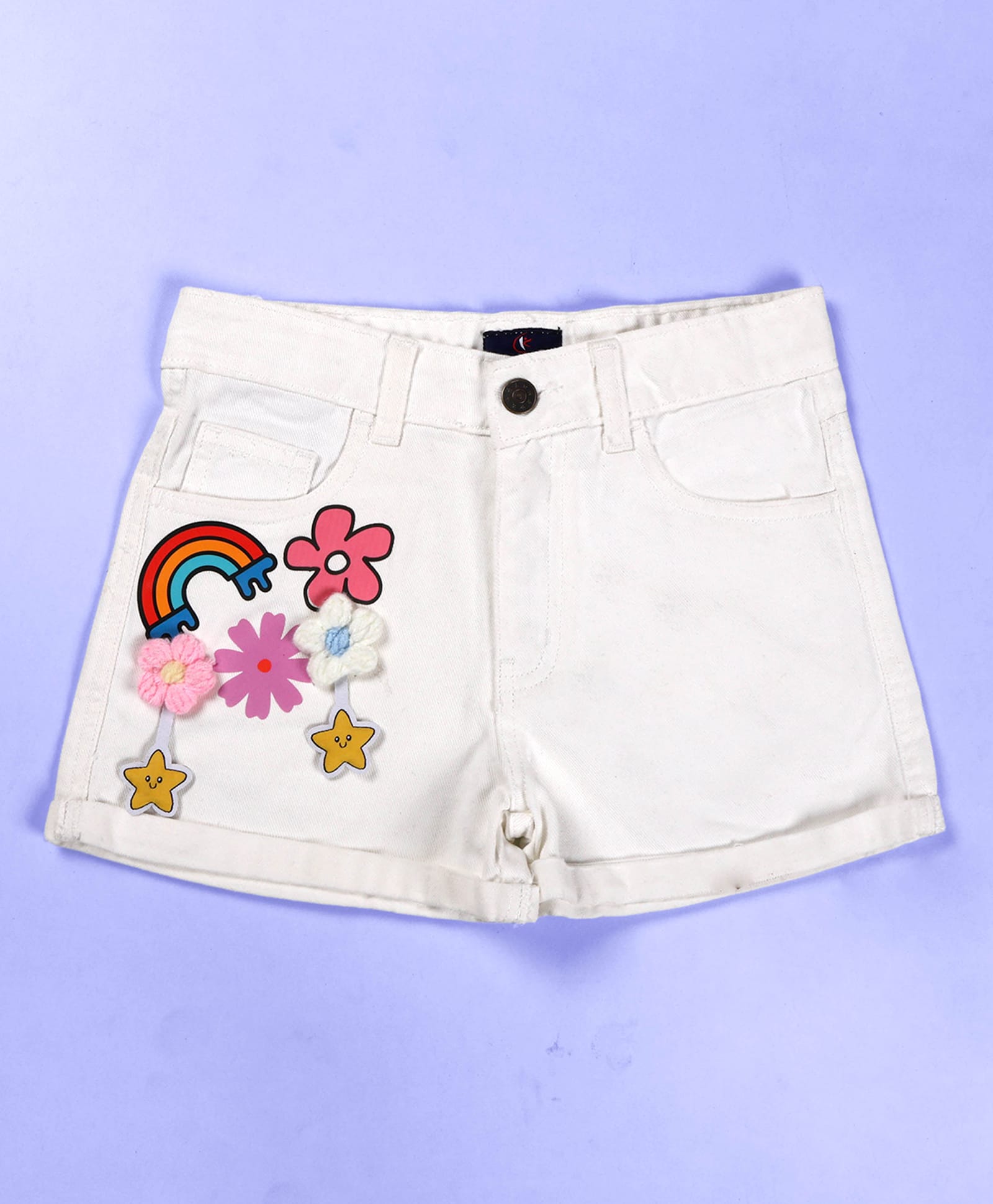 Kiddopanti Denim Woven Floral Applique & Printed Shorts - White-picture-14