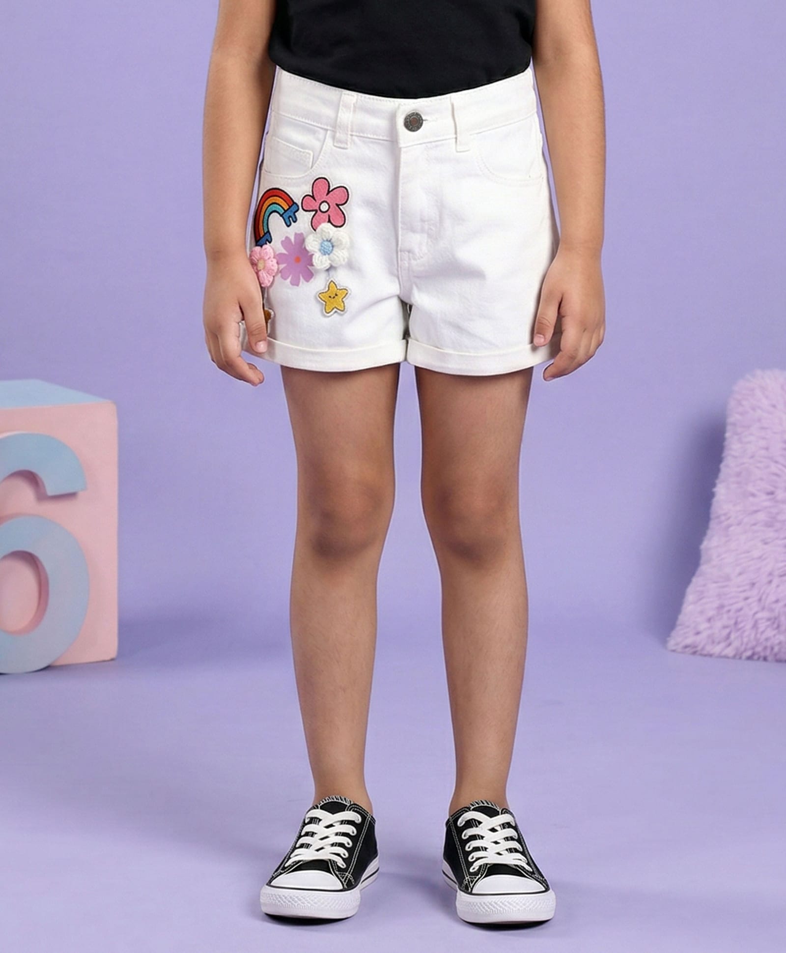 Kiddopanti Denim Woven Floral Applique & Printed Shorts - White-image-48