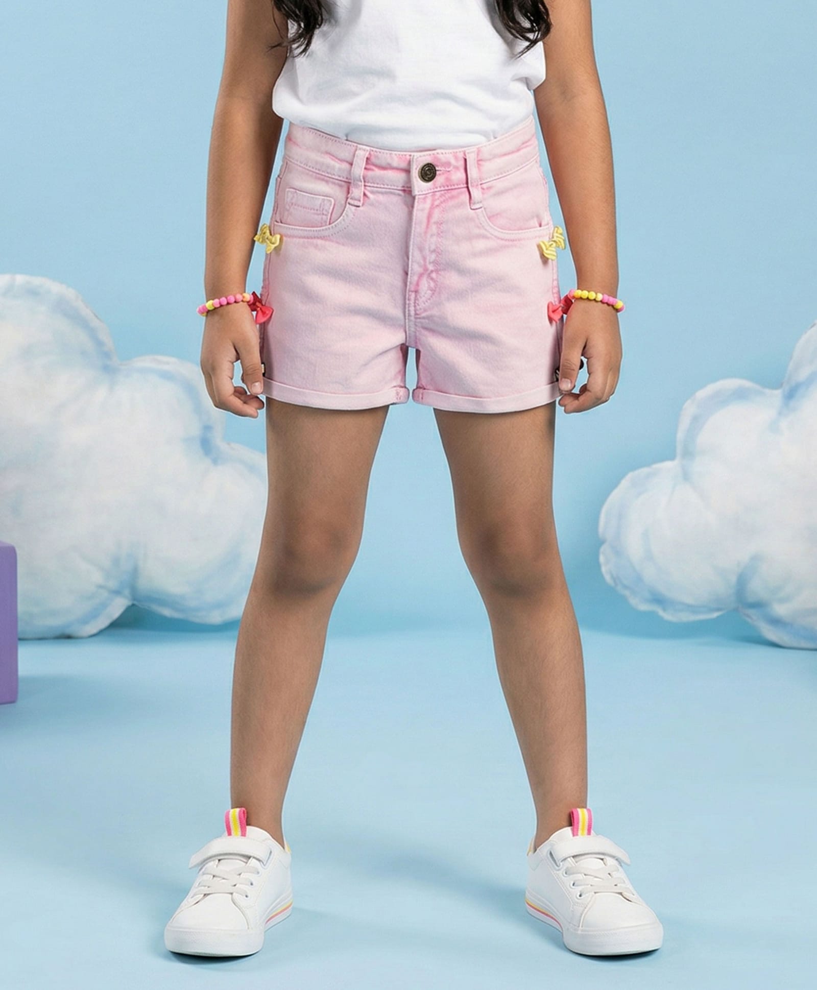 Kiddopanti Denim Woven Bow Applique Detailed & Rhinestones Embellished Shorts - Pink-picture-16