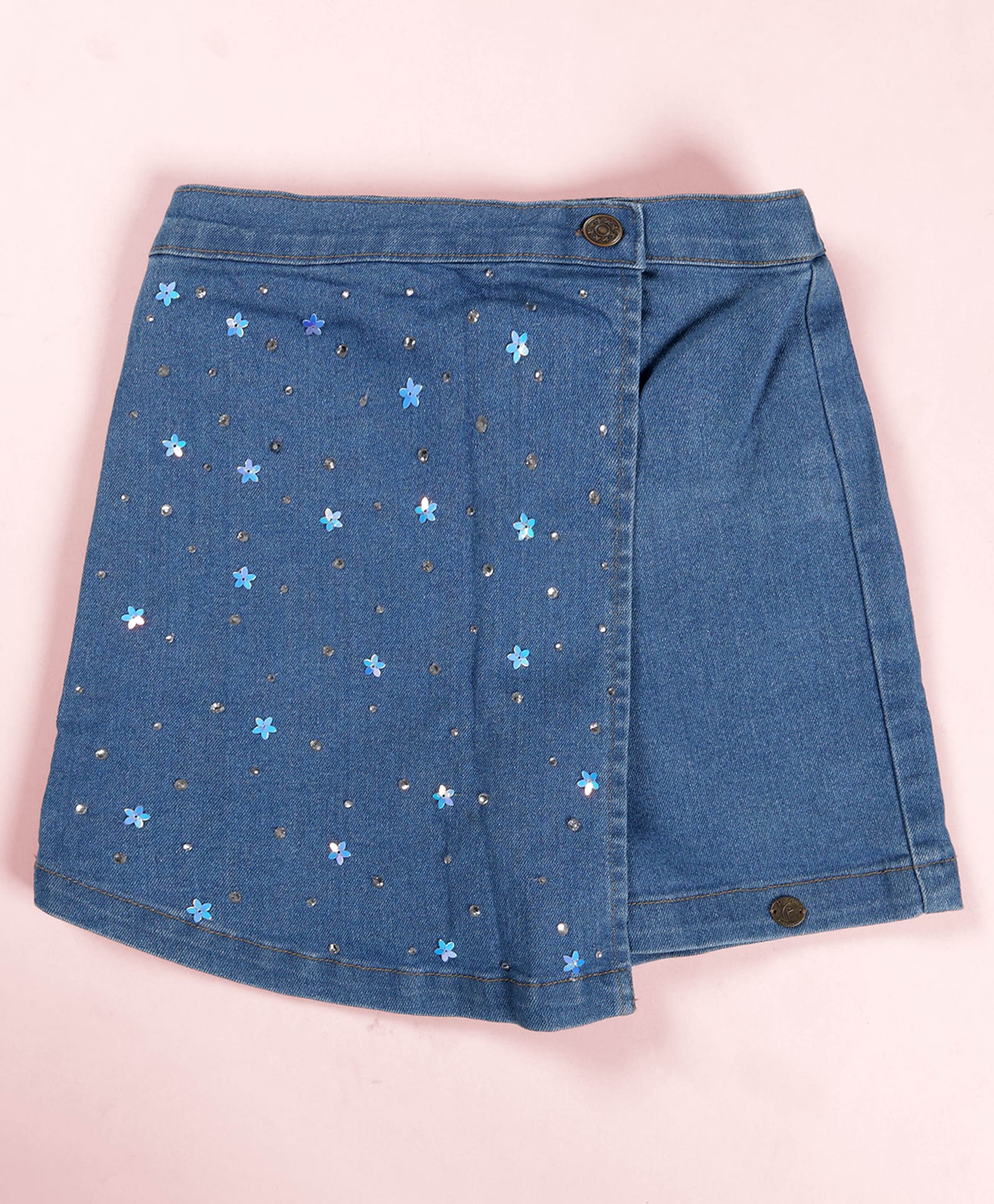 Kiddopanti Denim Woven Floral Designed Sequins Embellished Skort - Blue-picture-26