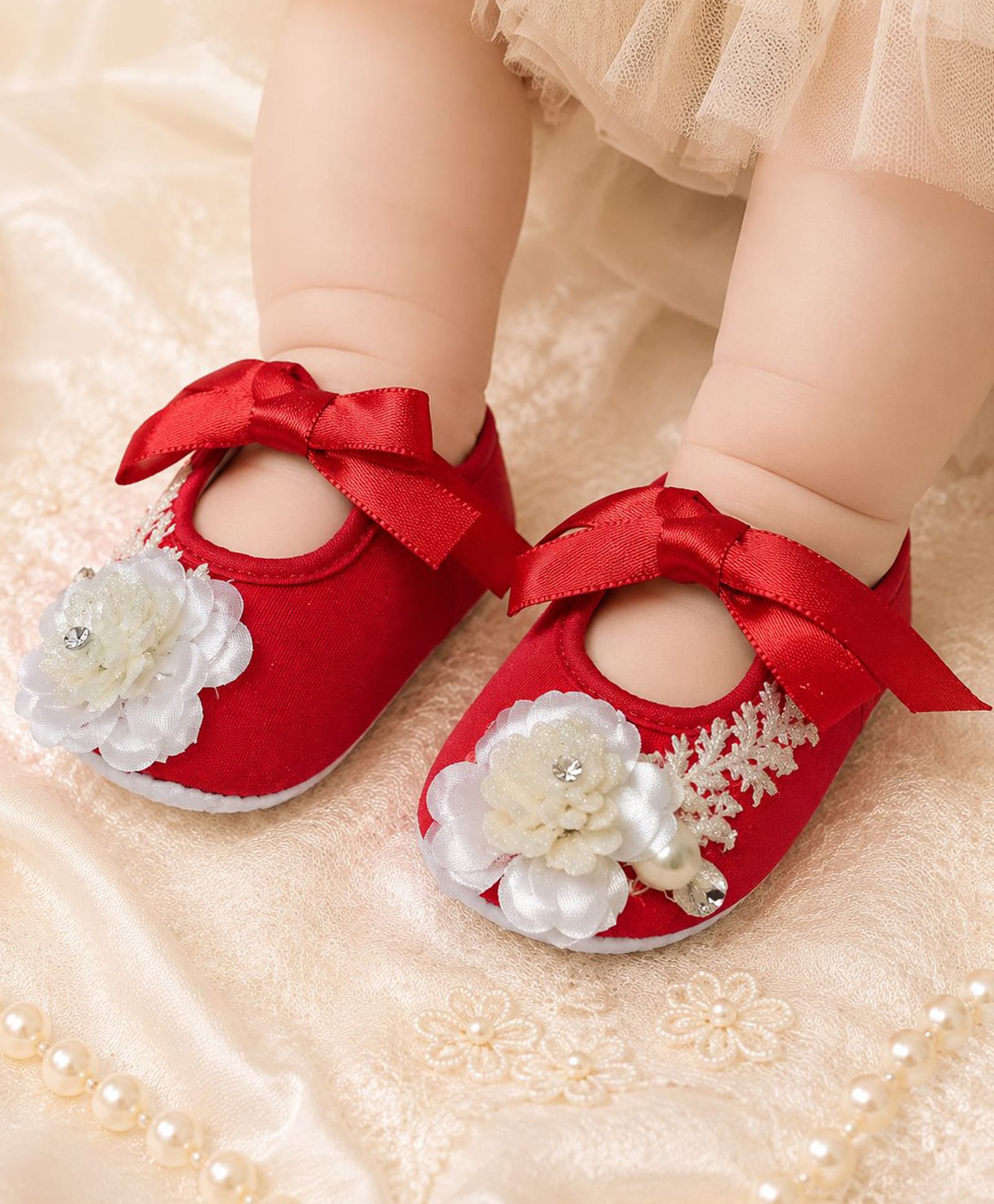 Daizy Floral Applique Detailed & Stones Embellished Booties - Red-image-30