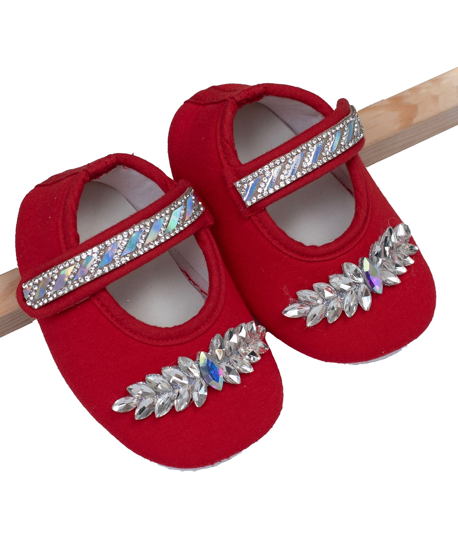 Daizy Floral Designed Stone Embellished Velcro Closure Booties - Red-image-27
