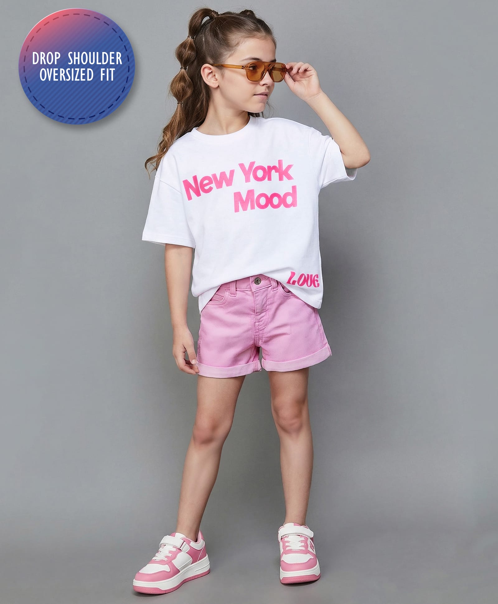 Primo Gino 100% Cotton French Terry Knit Half Sleeve Oversized Text Printed T-Shirt & Shorts Set - White & Pink-image-17