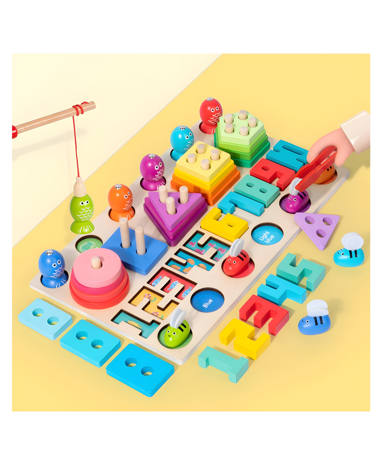 YAMAMA Four Bees In One Wooden Shape Sorting Toys For Kids, Wooden Shape Blocks Magnetic Bee Fishing Montessori Learning & Educational Toys, Sorting Stacking Toys For Kids - Multicolor-image-6