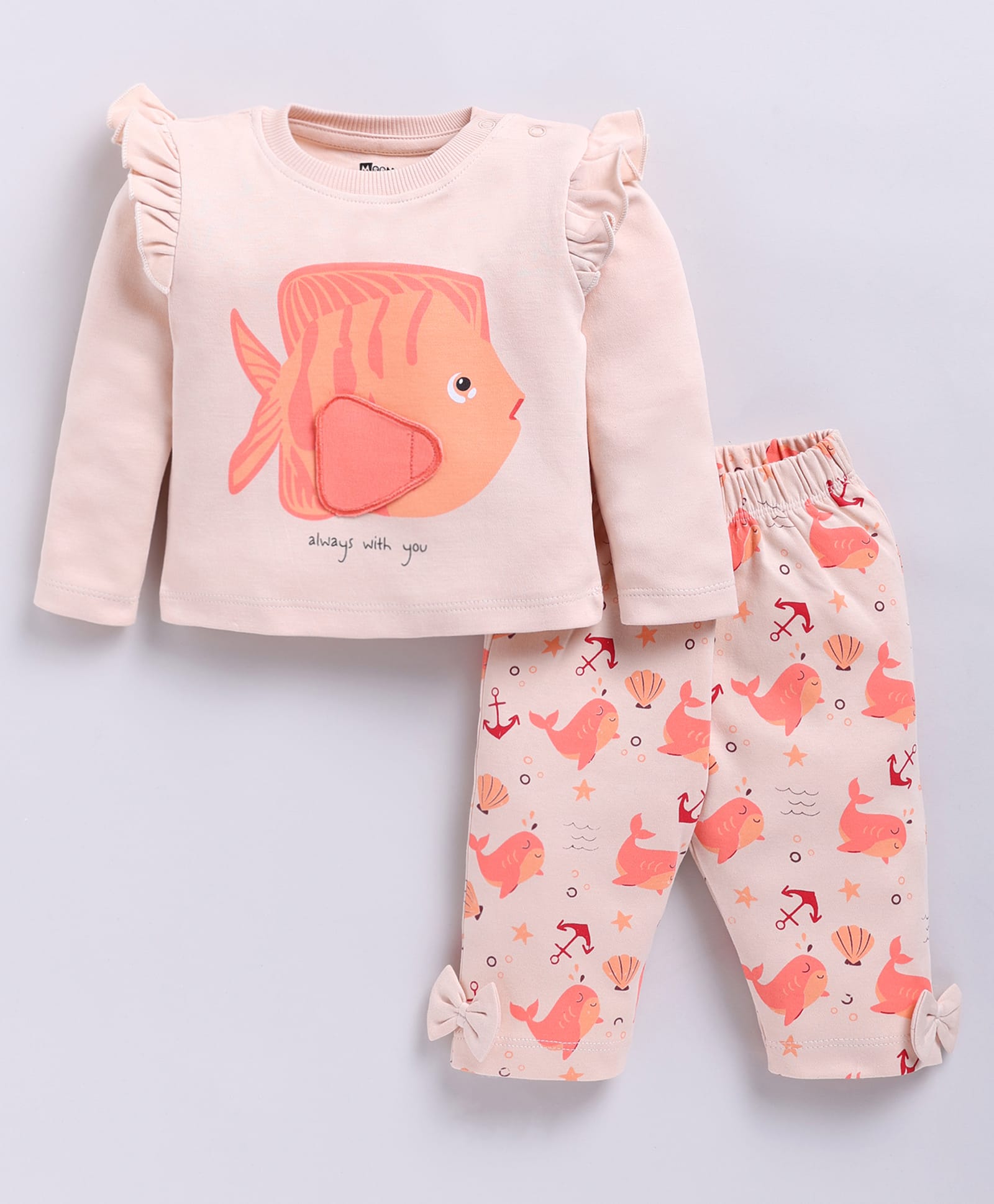 MOONKIDS Cotton Knit Full Sleeves Fish Always With You Text Printed Top & Pants Set - Peach-image-28