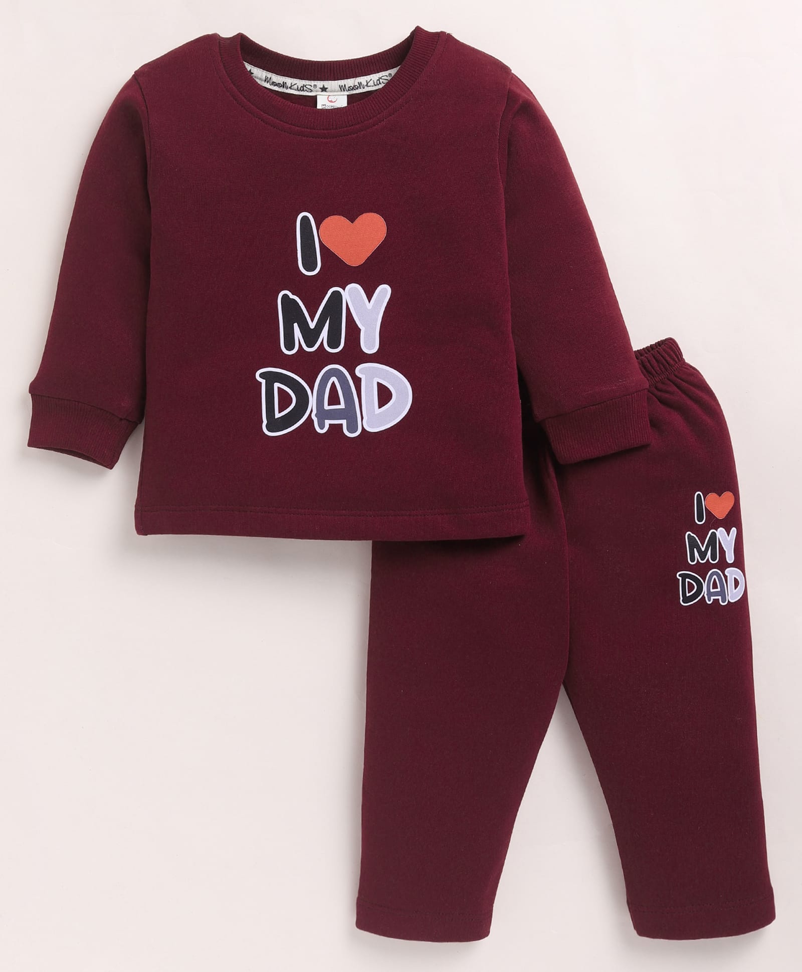 MOONKIDS Fleece Knit Full Sleeves I Love My Dad Text Printed Sweatshirt & Pants Set - Wine-picture-19