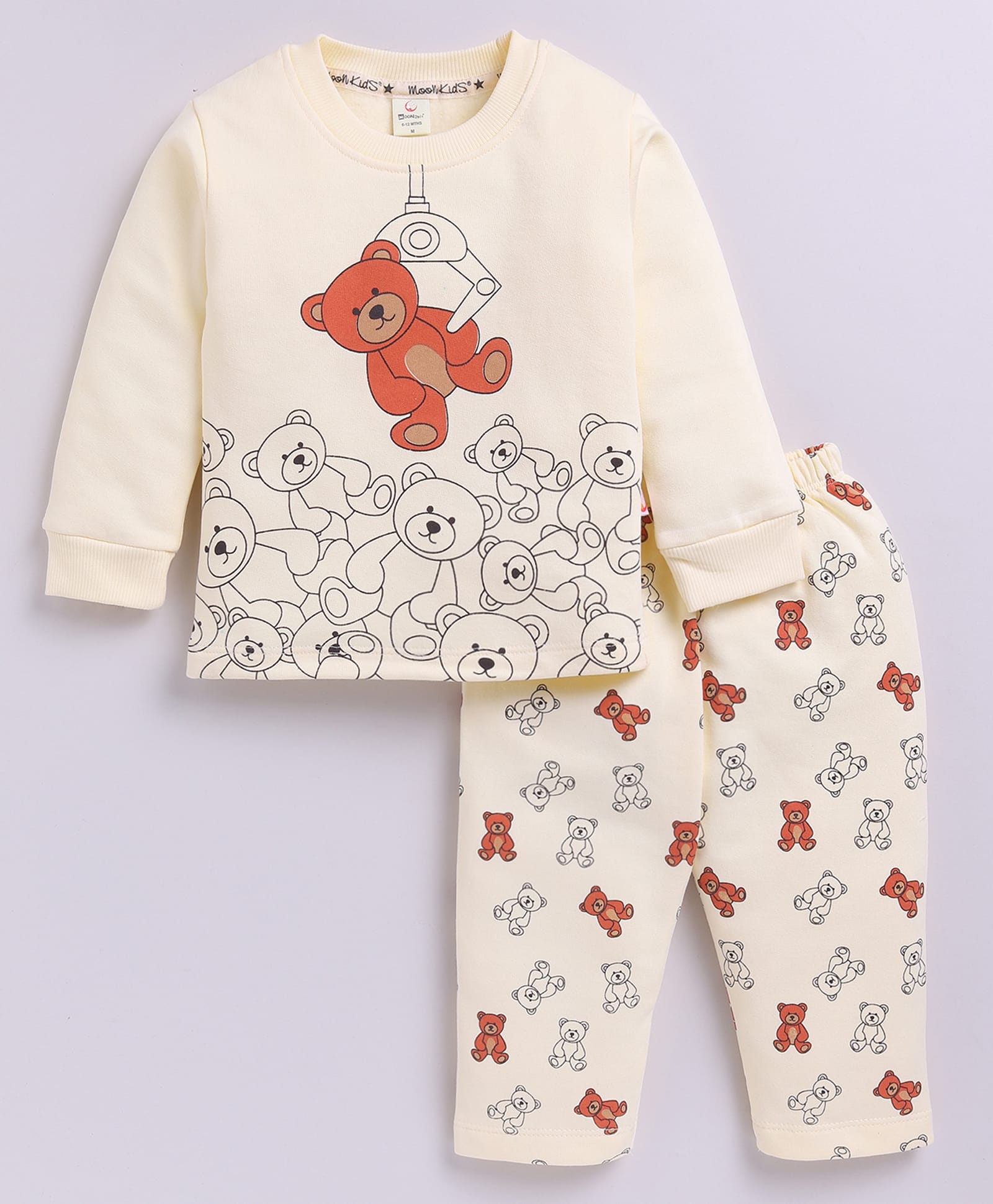 MOONKIDS Fleece Knit Full Sleeves Teddy Printed Sweatshirt & Pants Set - Butter-image-20