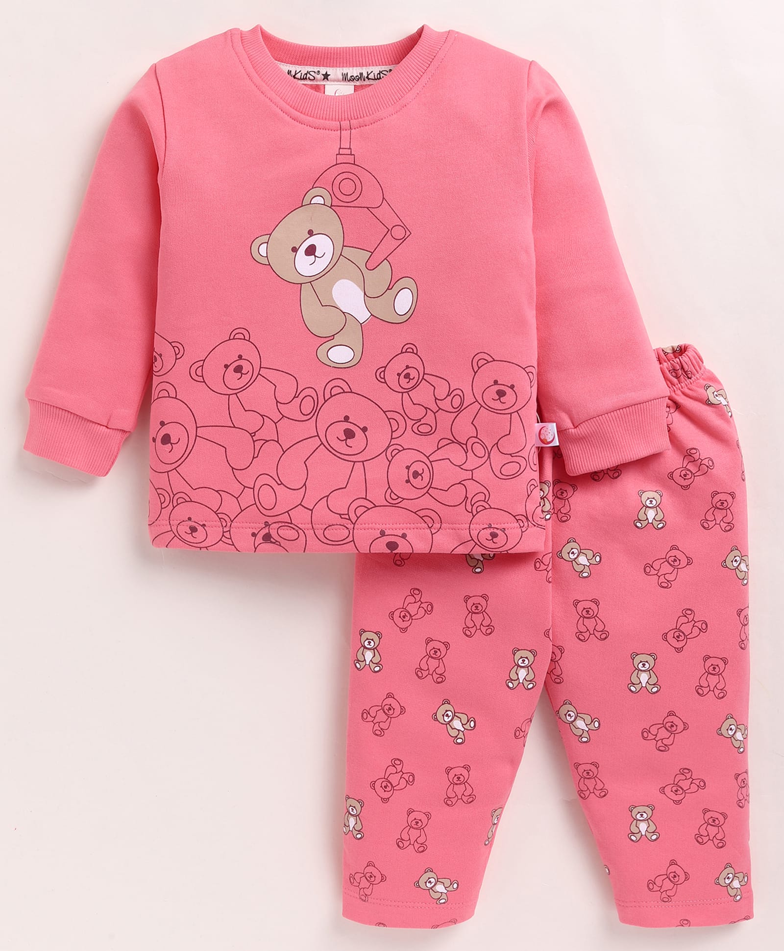MOONKIDS Fleece Knit Full Sleeves Teddy Printed Sweatshirt & Pants Set - Coral-image-21
