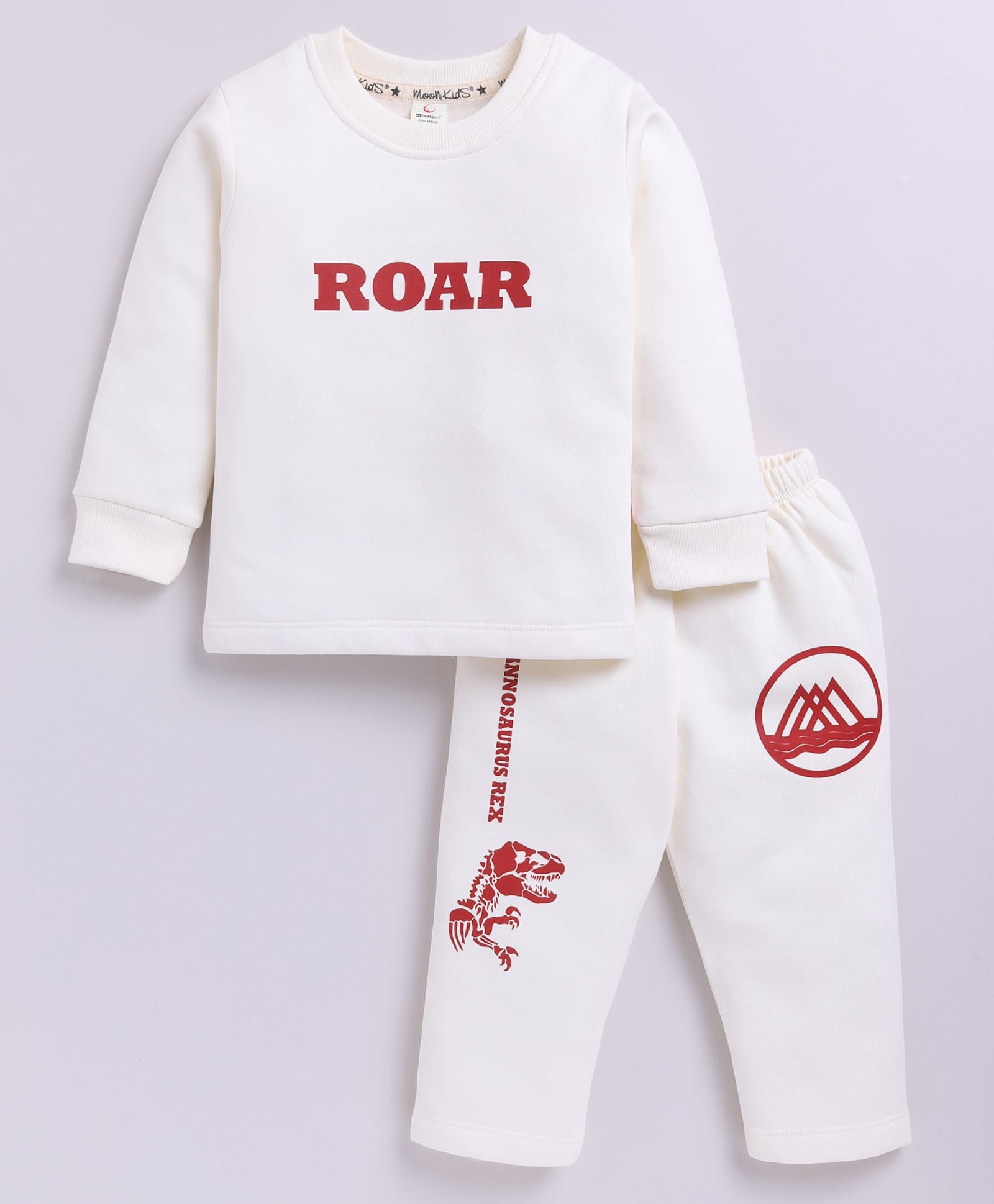 MOONKIDS Fleece Knit Full Sleeves Roar Text Printed Sweatshirt & Pants Set - Off White-image-19
