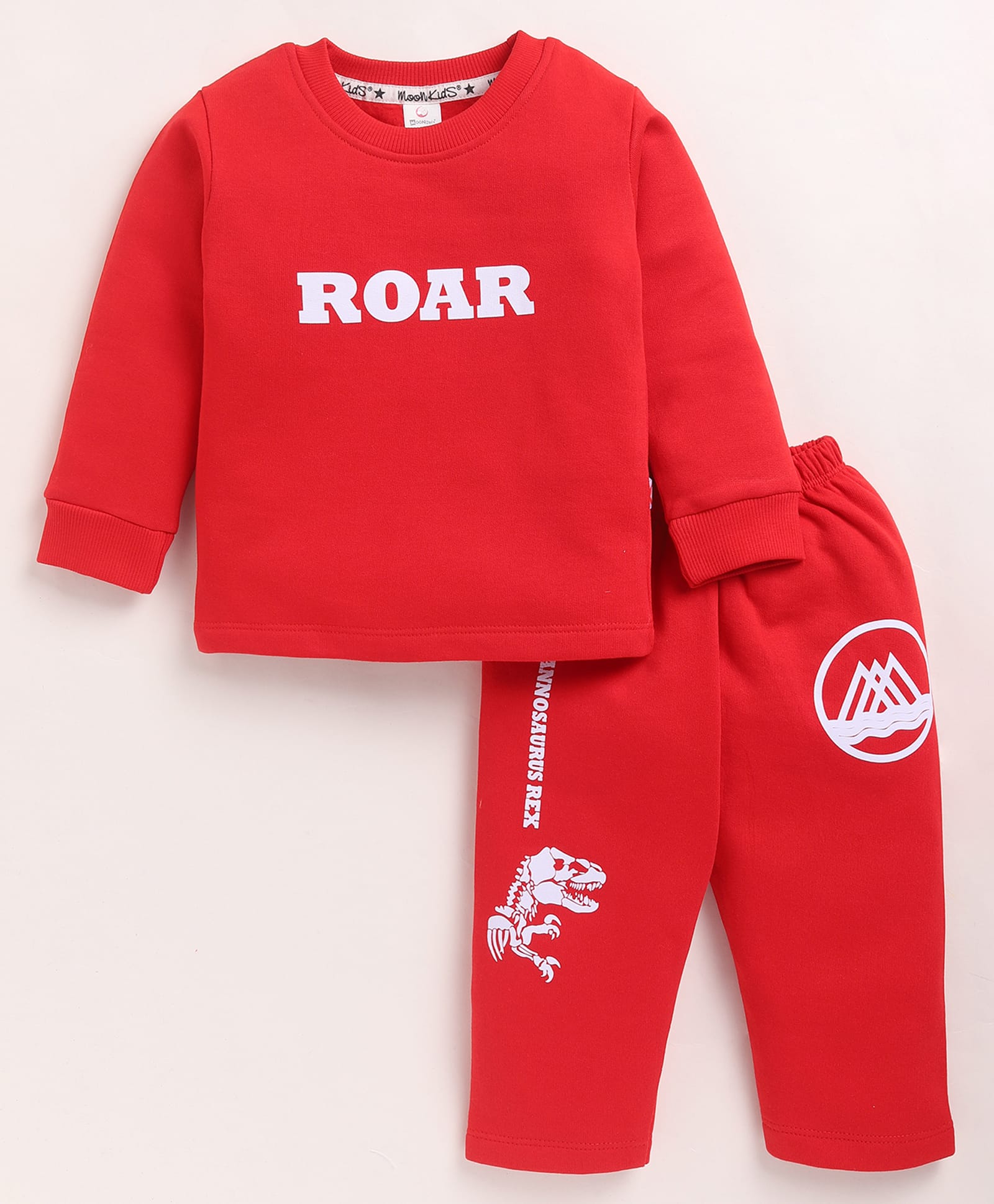 MOONKIDS Fleece Knit Full Sleeves Roar Text Printed Sweatshirt & Pants Set - Red-image-39