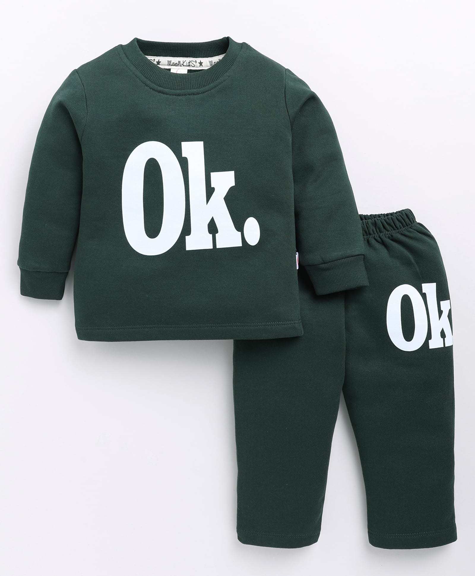 MOONKIDS Fleece Knit Full Sleeves Ok Text Printed Sweatshirt & Pants Set - Bottle Green-image-37
