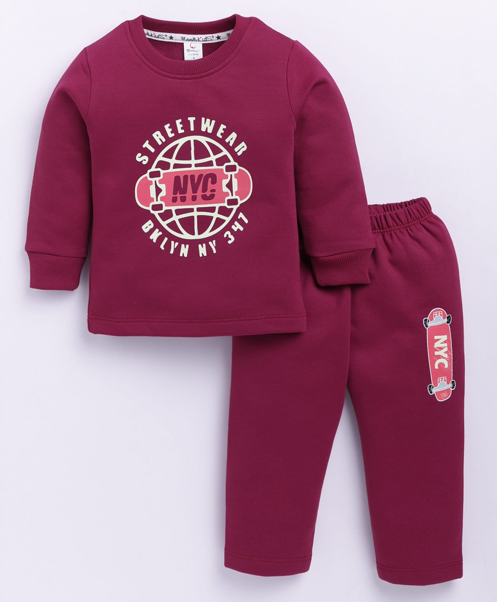 MOONKIDS Fleece Knit Full Sleeves Nyc Streetwear Text Printed Sweatshirt & Pants Set - Maroon-picture-17