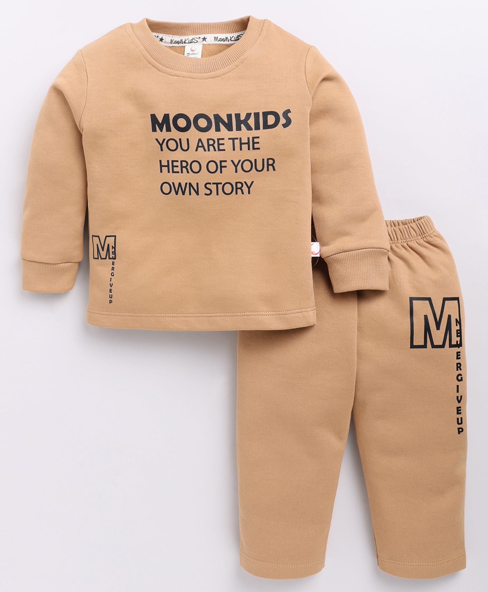 MOONKIDS Fleece Knit Full Sleeves Typography Printed Sweatshirt & Pants Set - Beige-image-35