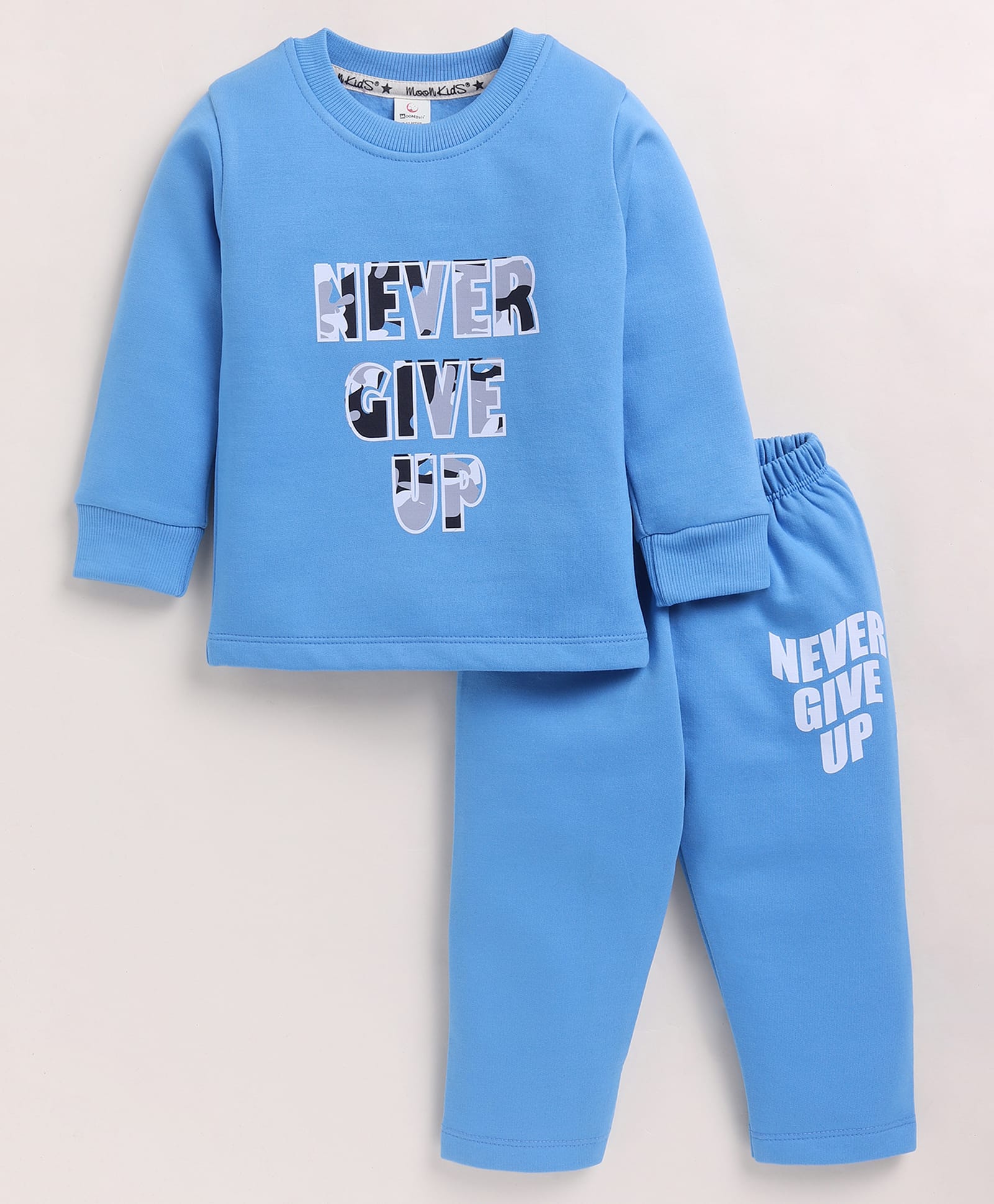 MOONKIDS Fleece Knit Full Sleeves Never Give Up Text Printed Sweatshirt & Pants Set - Blue-image-36