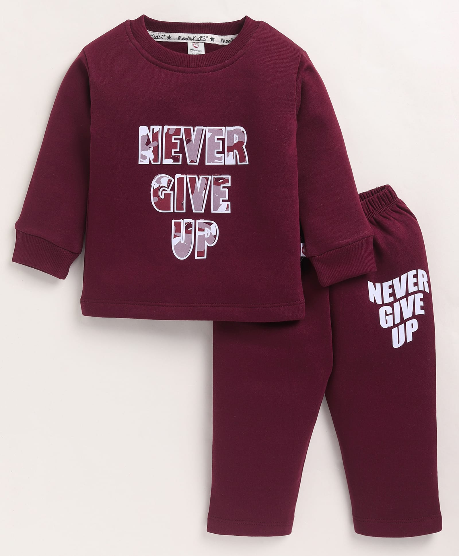 MOONKIDS Fleece Knit Full Sleeves Never Give Up Text Printed Sweatshirt & Pants Set - Wine-image-34