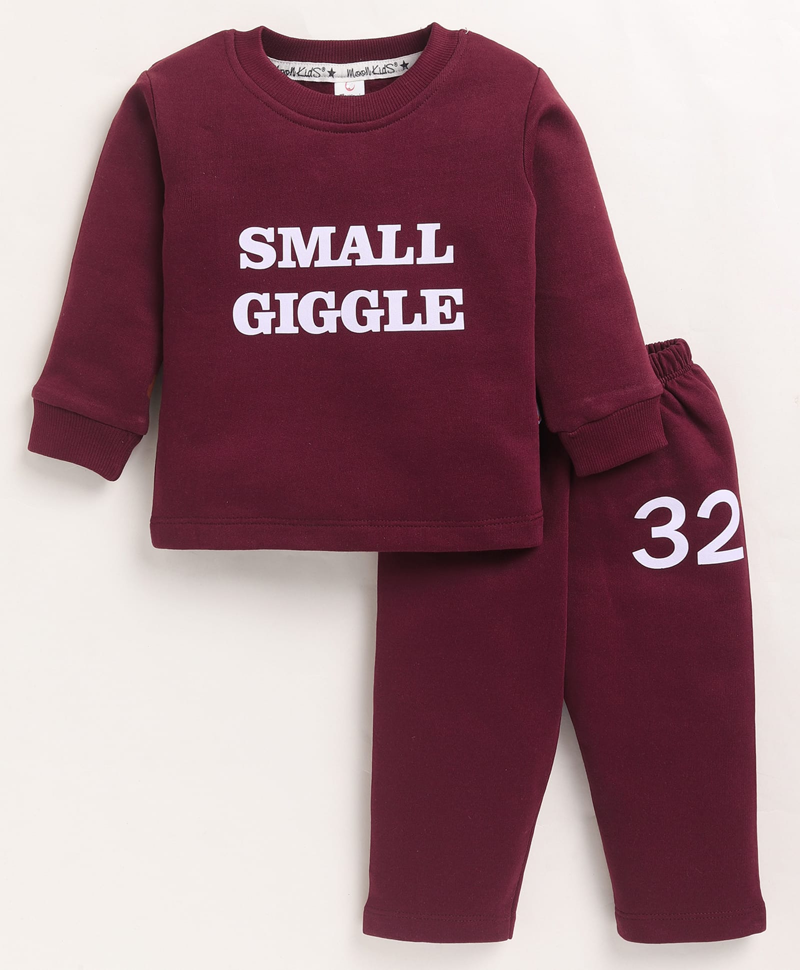 MOONKIDS Fleece Knit Full Sleeves Small Giggle Text Printed Sweatshirt & Pants Set - Wine-image-31