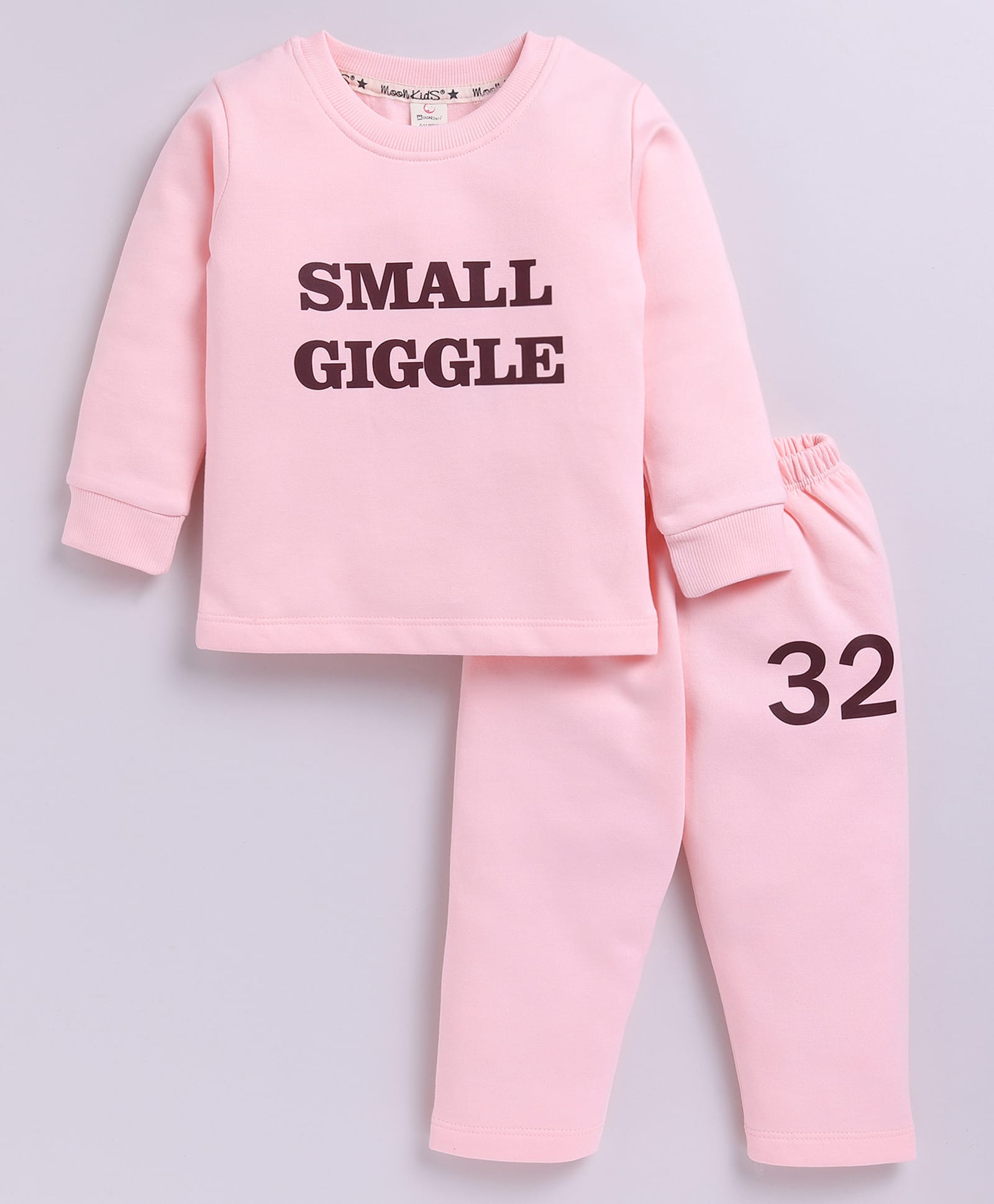 MOONKIDS Fleece Knit Full Sleeves Small Giggle Text Printed Sweatshirt & Pants Set - Pink-image-44