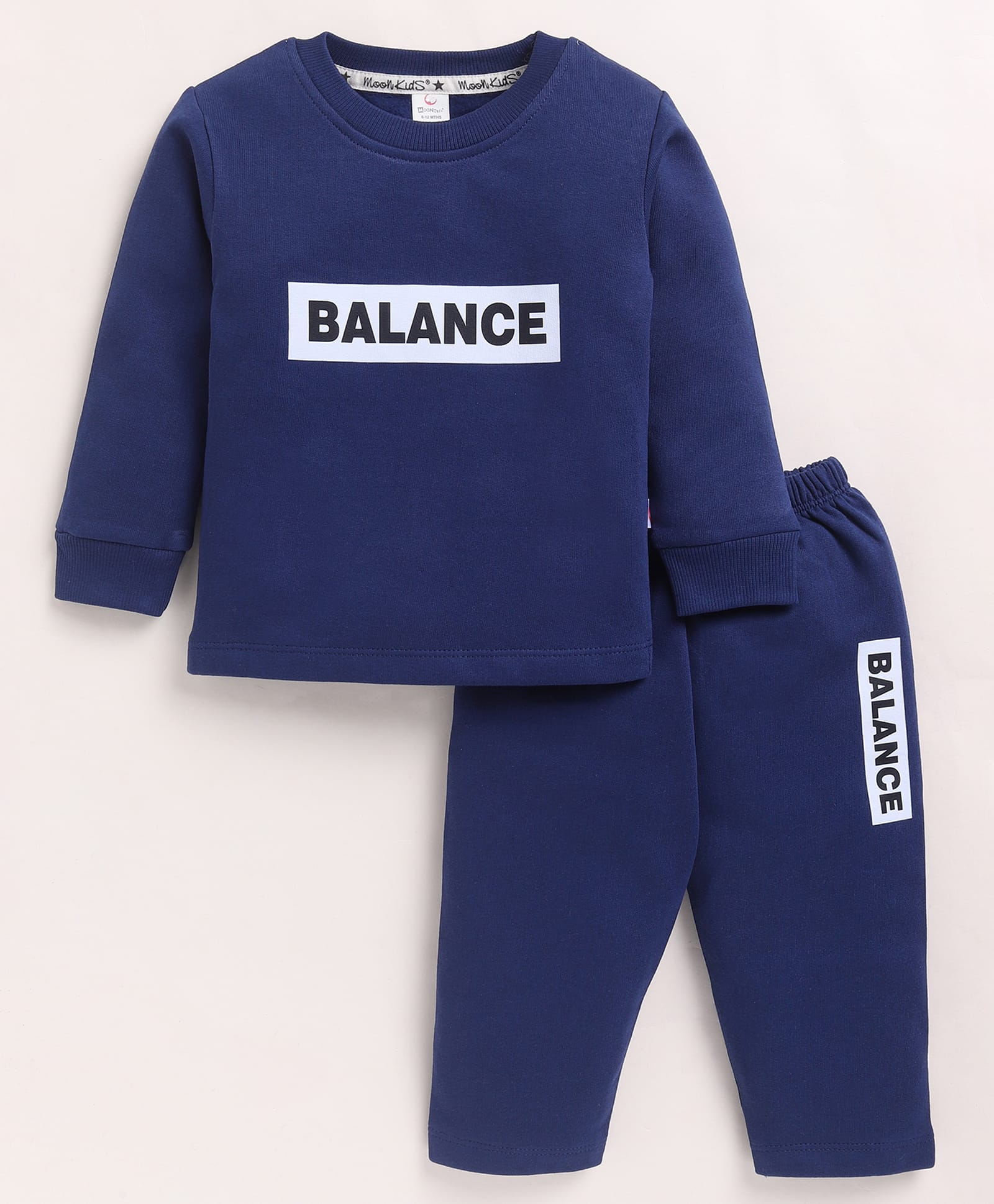 MOONKIDS Fleece Knit Full Sleeves Balance Text Printed Sweatshirt & Pants Set- Navy Blue-image-24