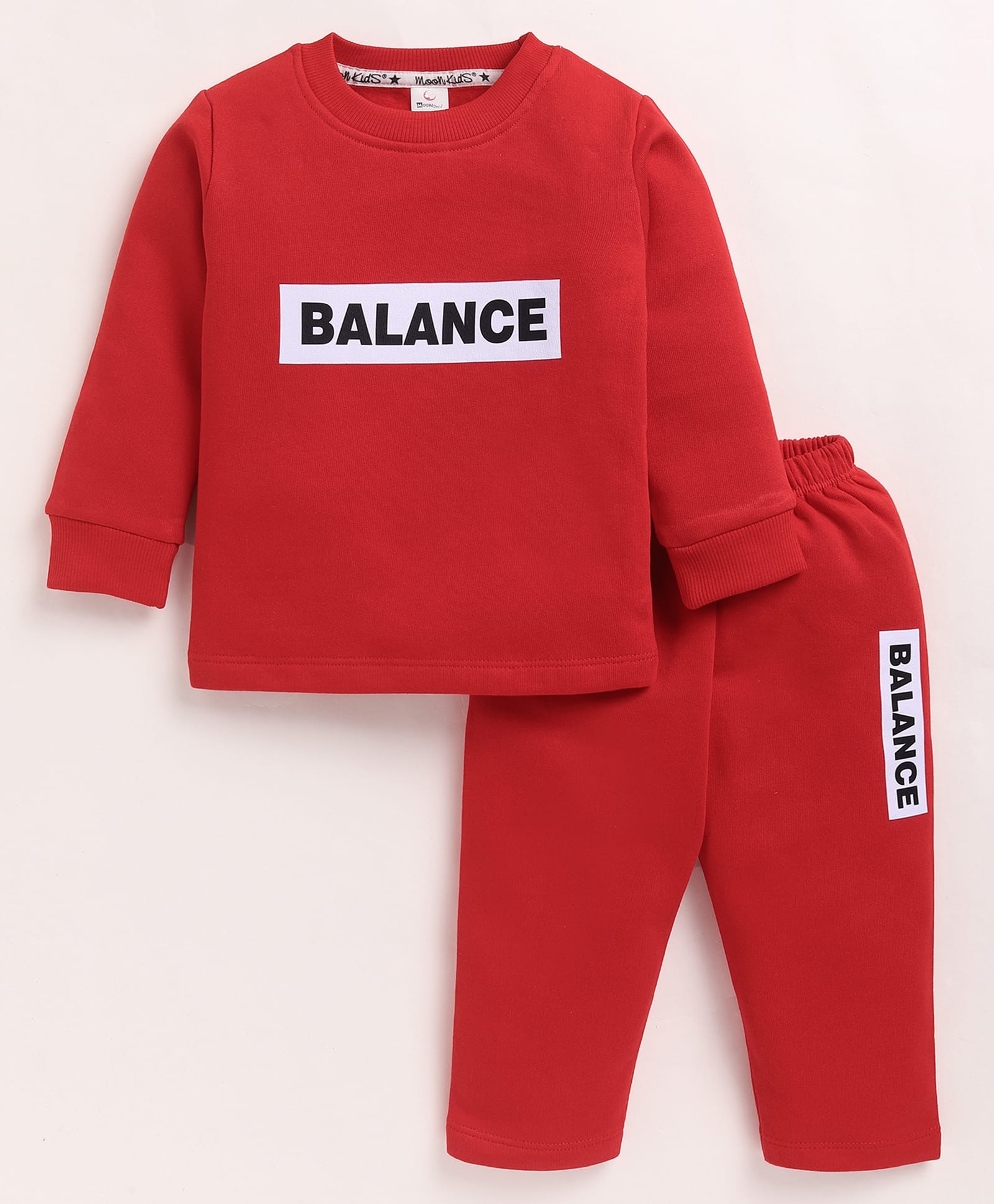 MOONKIDS Fleece Knit Full Sleeves Balance Text Printed Sweatshirt & Pants Set - Red-image-32