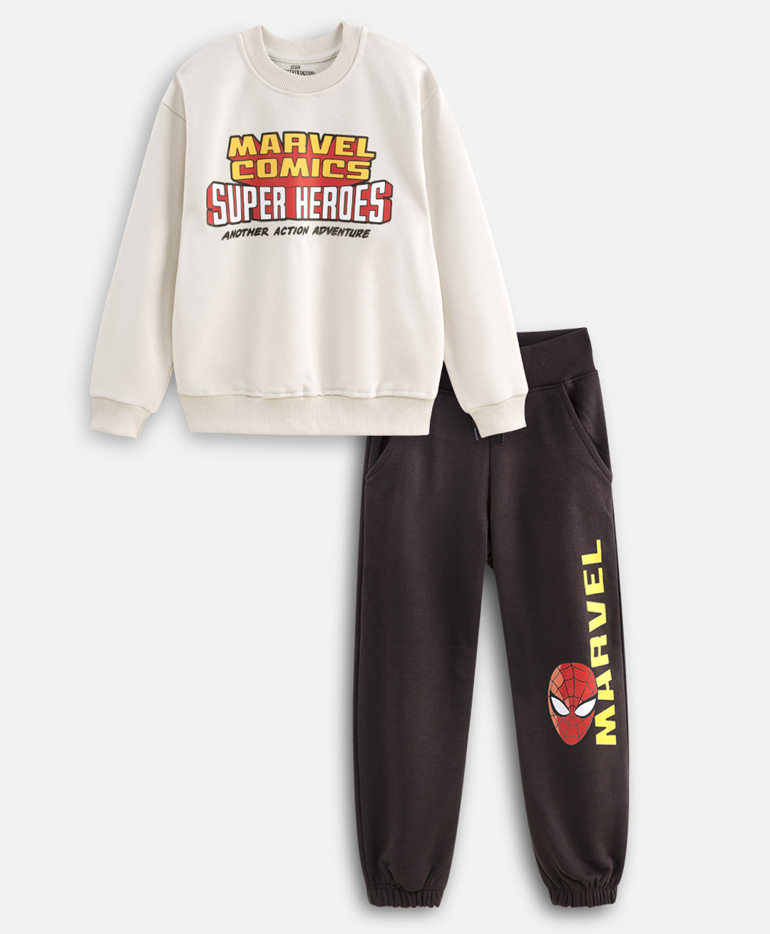 Nap Chief Cotton Blend Knit Marvel Featuring Full Sleeves Spider Man Printed Winter Sweatshirt & Joggers Set - Off White-picture-22