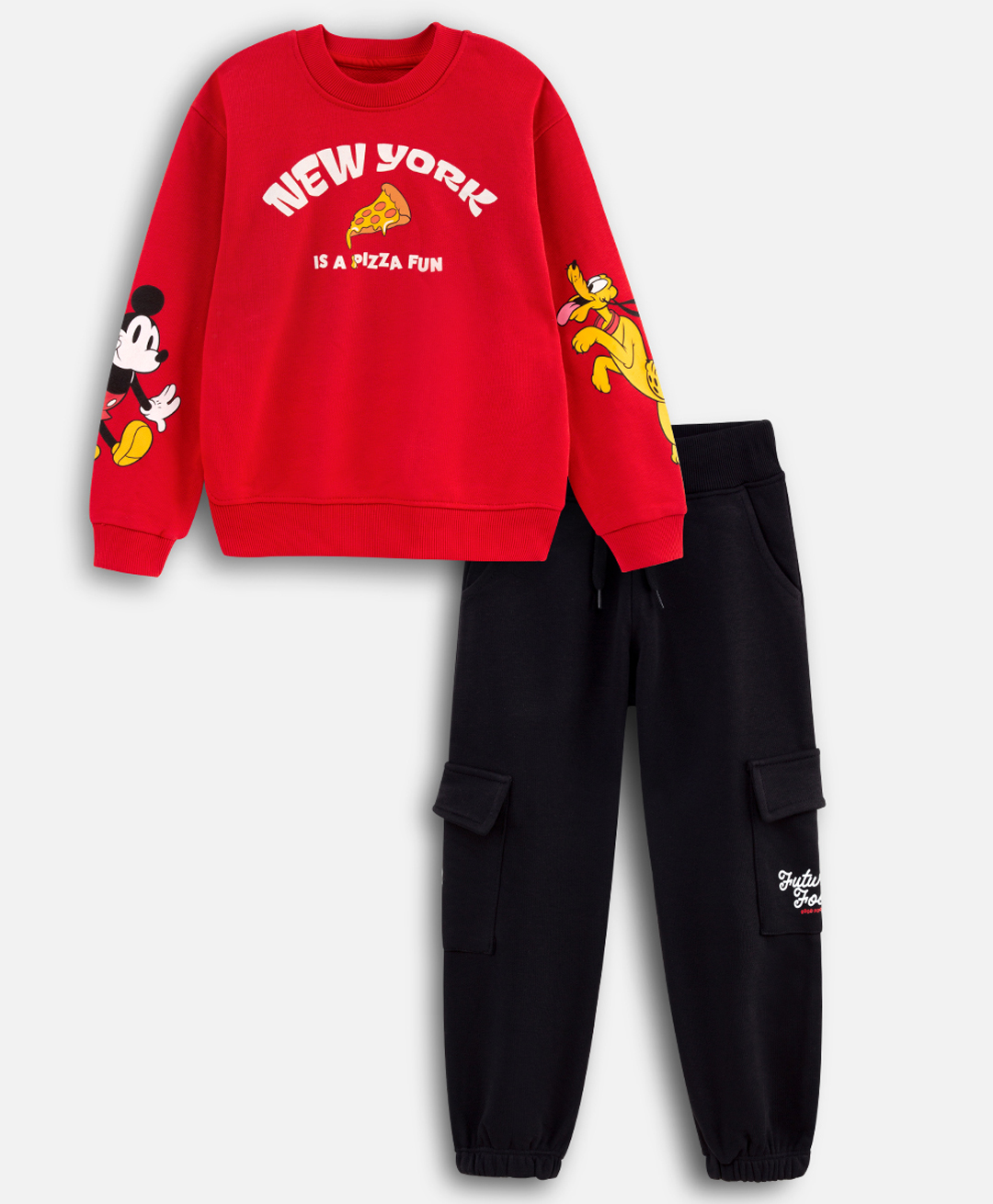 Nap Chief Cotton Blend Knit Full Sleeves Disney Mickey & Friends Featuring Full Sleeves Character Printed Winter Sweatshirt & Cargo Joggers Set - Red-image-6