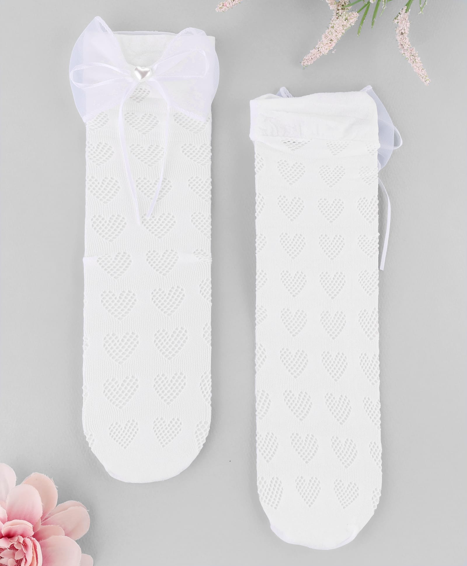 KIDLINGSS Heart Beaded Bow Applique Detailed Socks - White & Pink-image-27