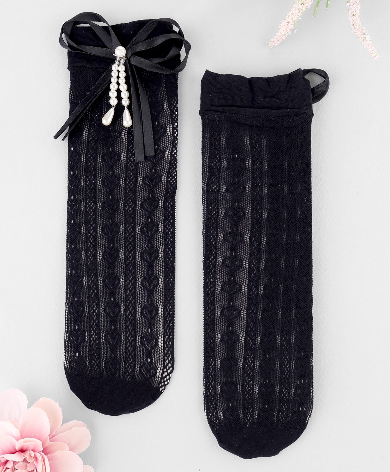 KIDLINGSS Pearls Embellished Bow Applique Detailed Socks - Black-picture-19