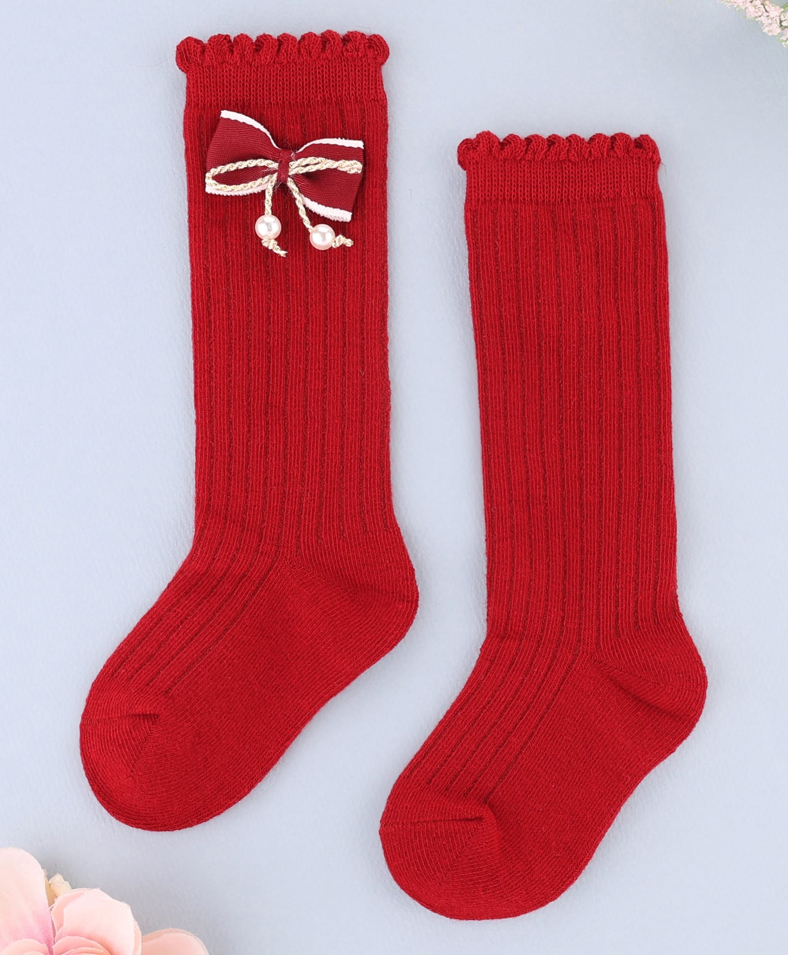 KIDLINGSS Pearl Embellished Bow Applique Detailed Socks - Red-picture-25