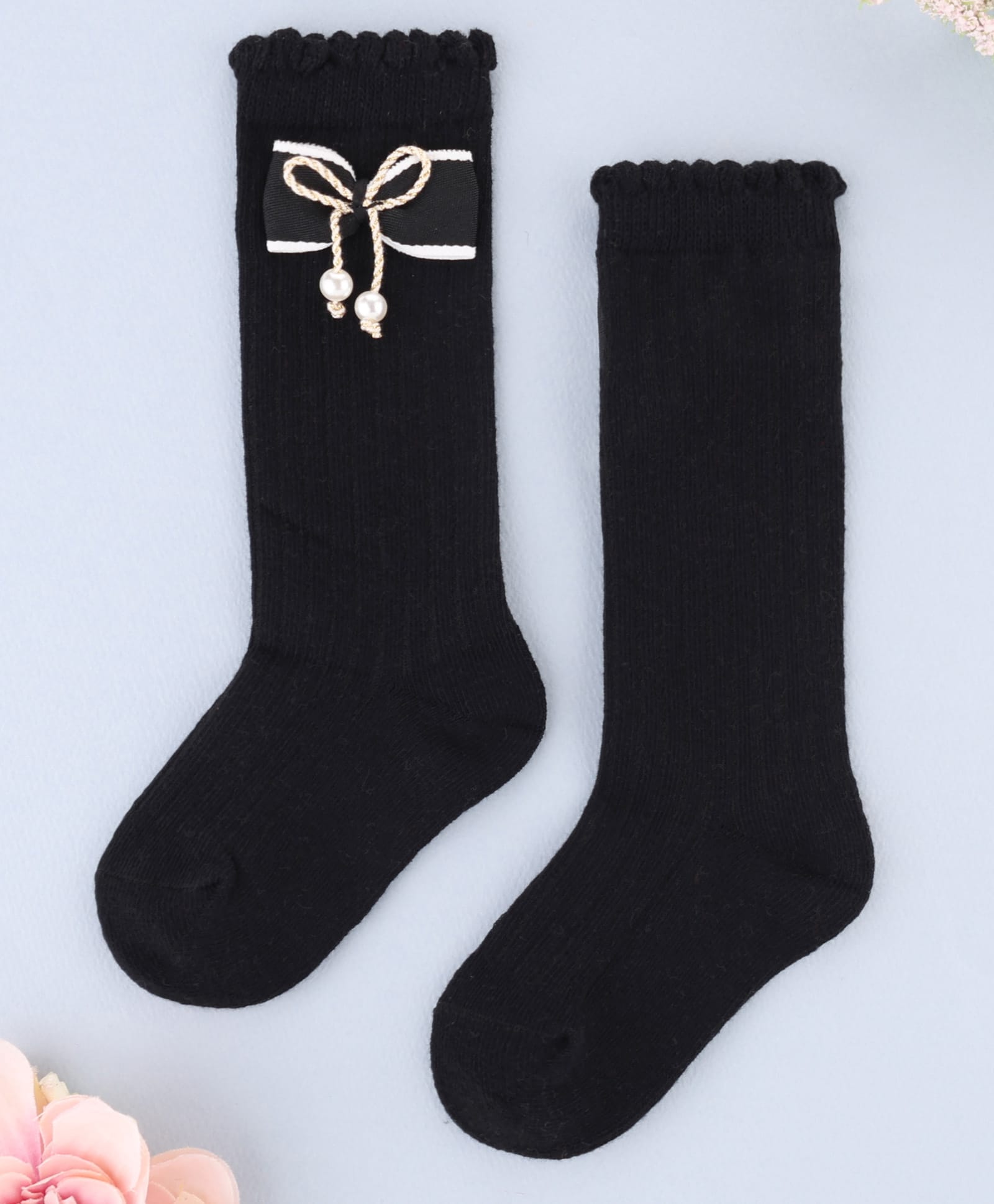KIDLINGSS Pearl Embellished Bow Applique Detailed Socks - Black-picture-11