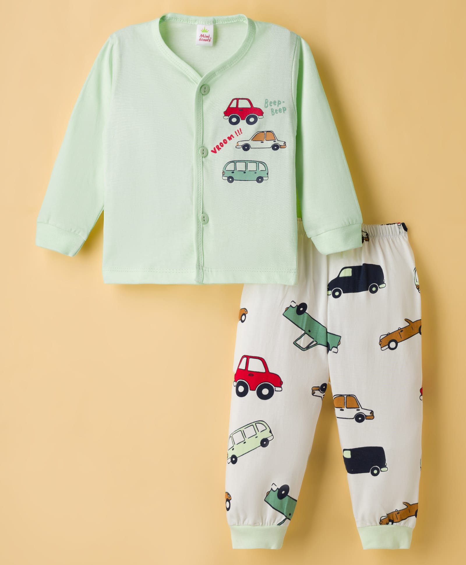 Mini Donuts Sinker Knit Full Sleeves T-Shirt & Lounge Pant Night Suit With Vehicle Print - White & Aqua-image-33