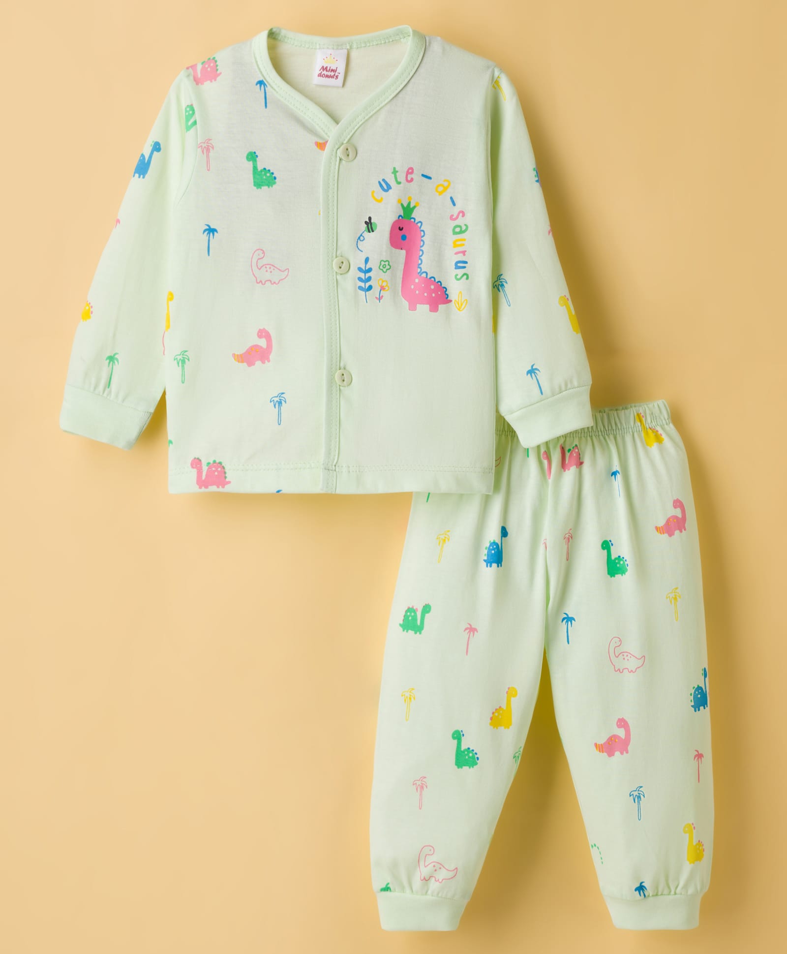 Mini Donuts Sinker Knit Full Sleeves T-Shirt & Pyjama Night Suit With Dino Print - Green-picture-20