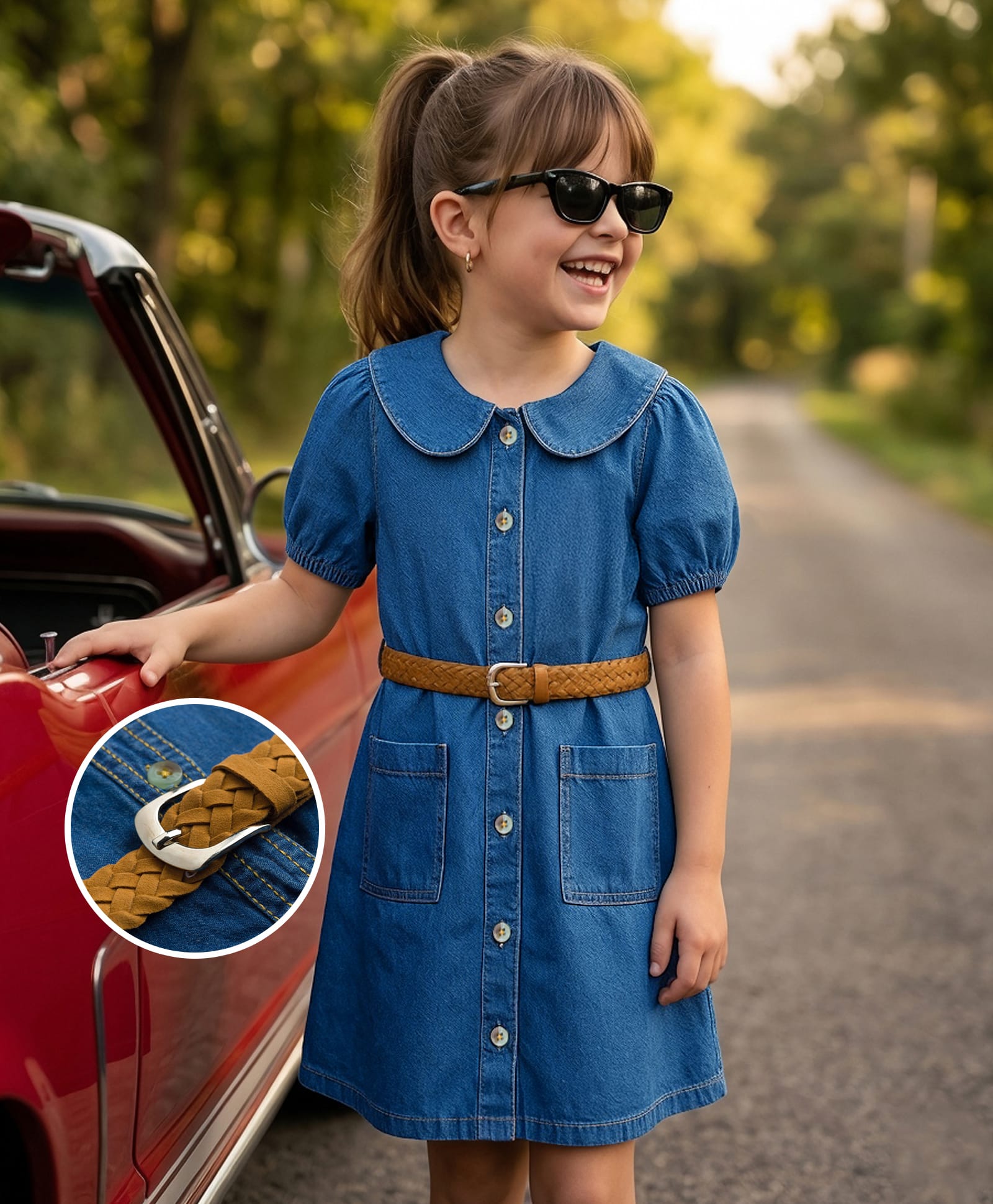 Hola Bonita Cotton Woven Half Sleeves Solid Denim Dress With Belt - Blue-image-47
