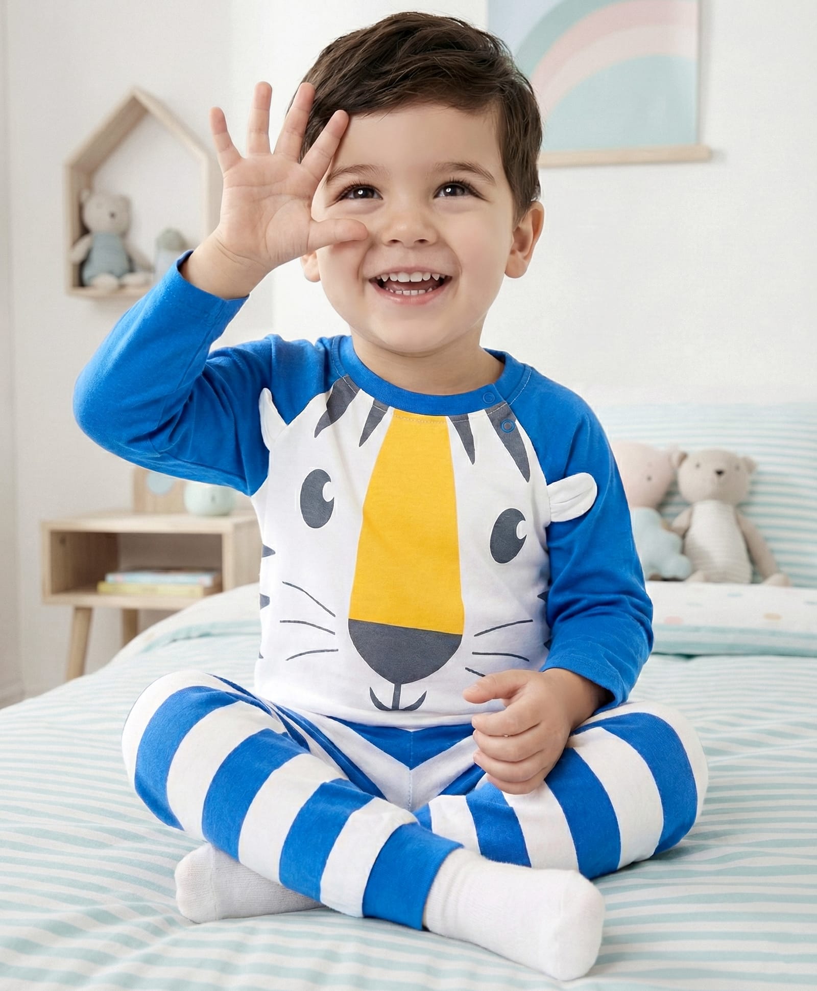 Babyhug Cotton Knit Raglan Full Sleeves Animal Printed T-Shirt & Striped Pyjama Night Suit - White & Blue-image-2