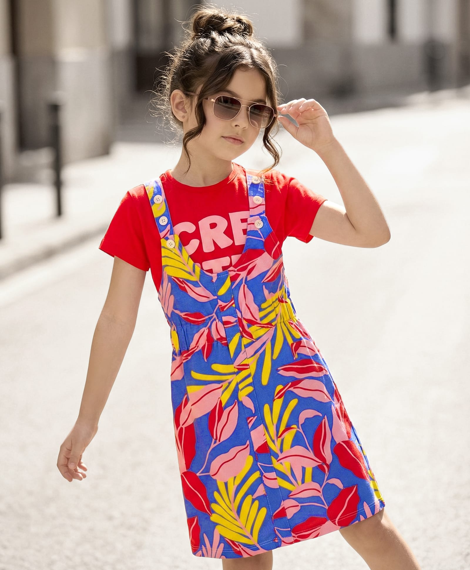 OLLINGTON ST. Cotton Knit Floral Printed Pinafore & Half Sleeves Inner Top - Multicolor & Red-image-25