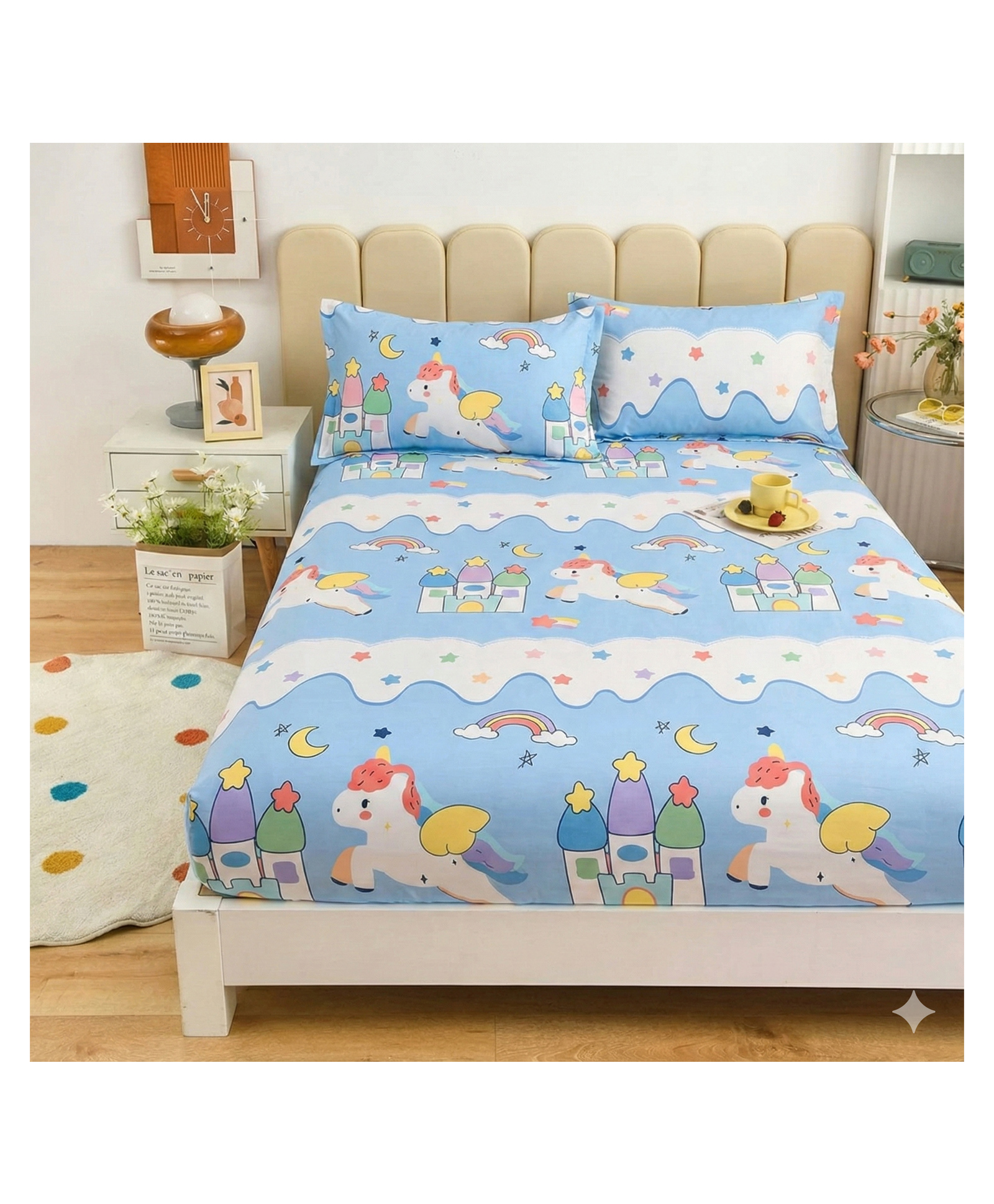 FILYMORE Kids Double bedsheet cute blue star unicorn design for kids room 1 bedsheet with 2 pillow cover-skyBlue and White-image-20