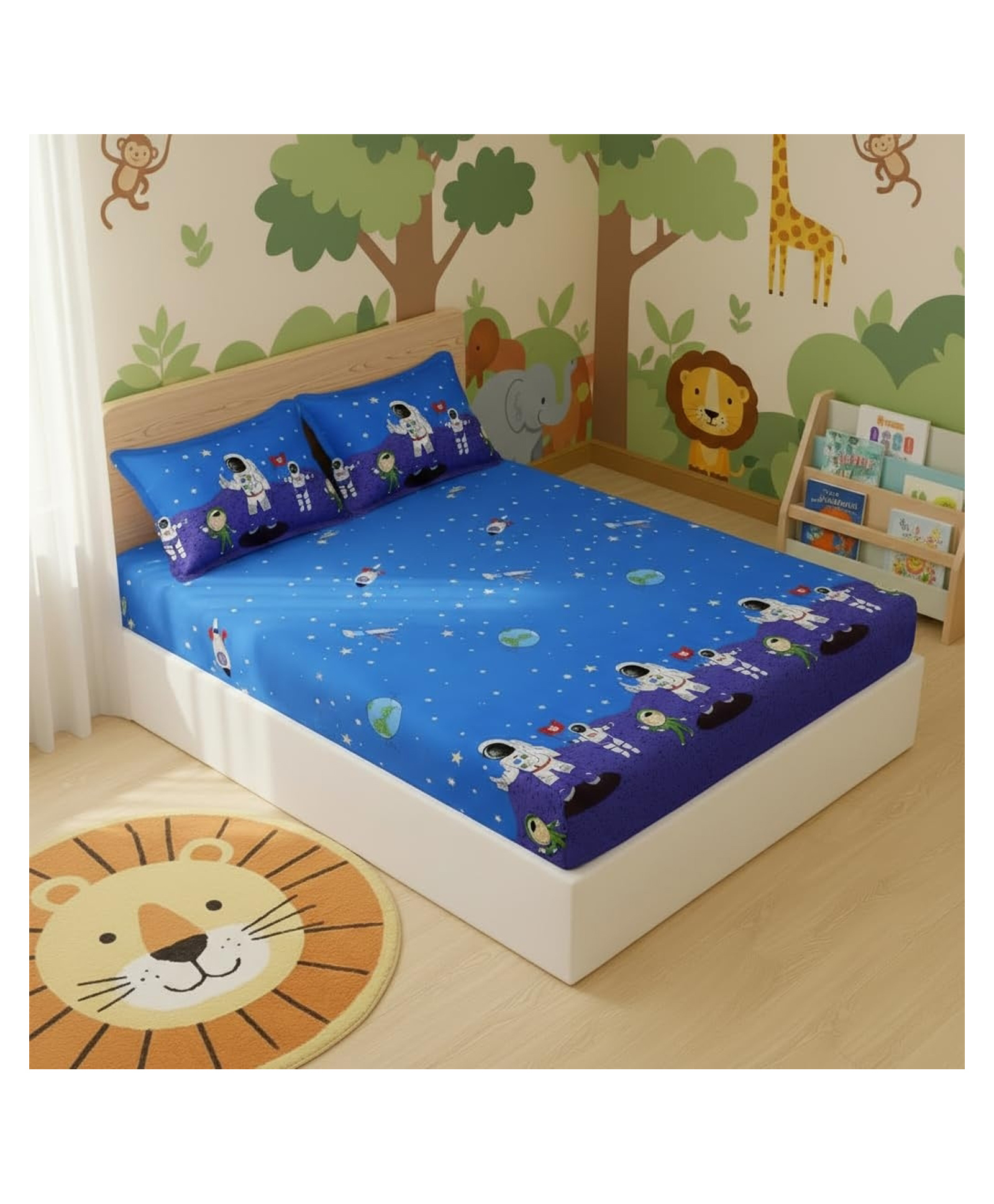 FILYMORE Kids Double bedsheet Space and Astronaut theme 240 TC Microfiber Soft Cartoon king size bedcover for Kids Room (90x90 Inches)(skyblue and Grey )-image-18