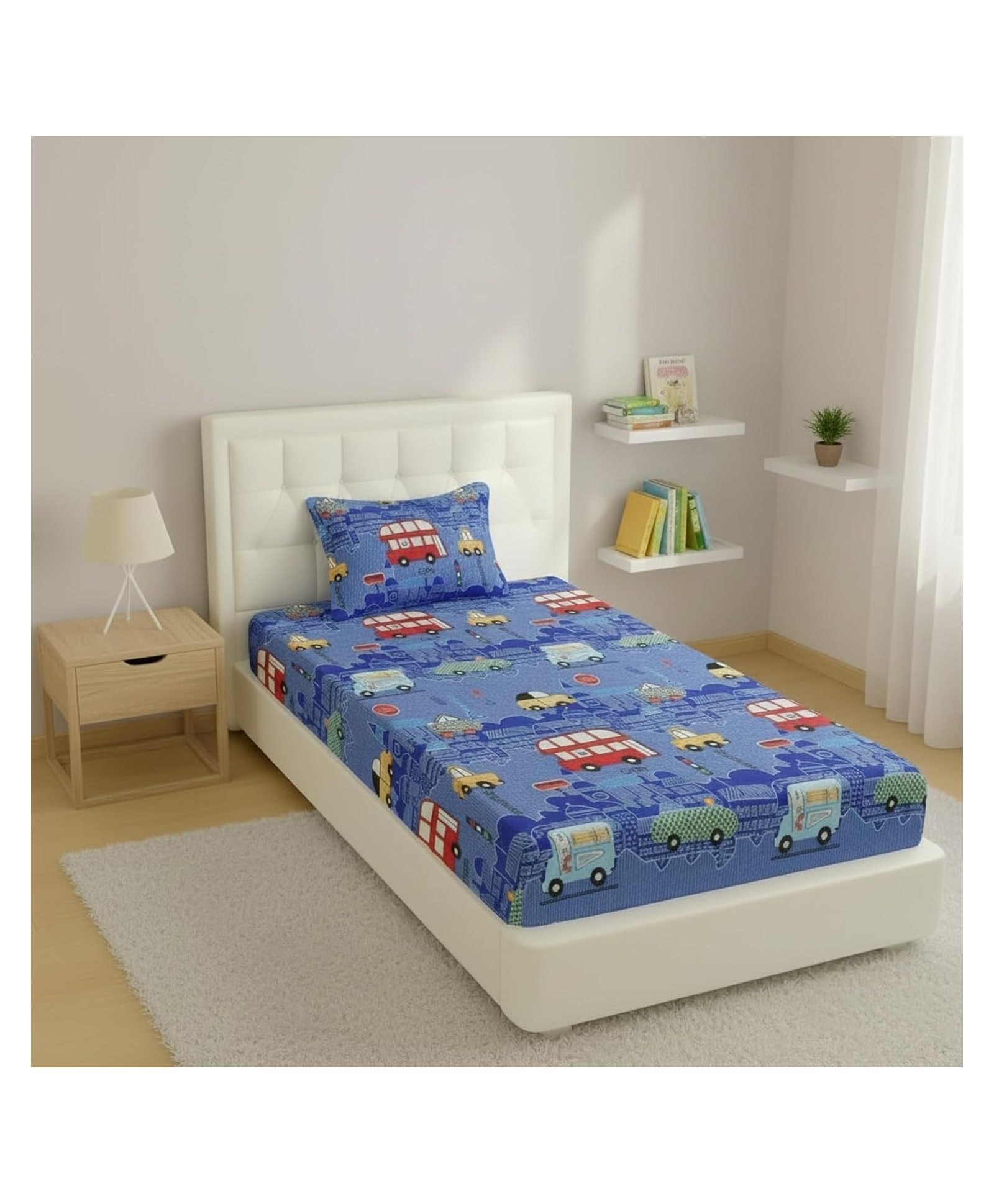 filymore kids single bedsheet super car theme for single size bed 240 tc microfiber soft cartoon bedcover for kids room (90x60 inches)(red,blue and white)