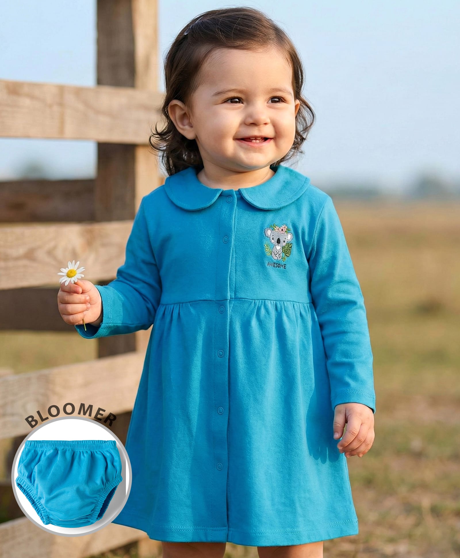 Babyhug Interlock Knit Full Sleeves Frock With Koala Print & Bloomer - Blue-picture-17