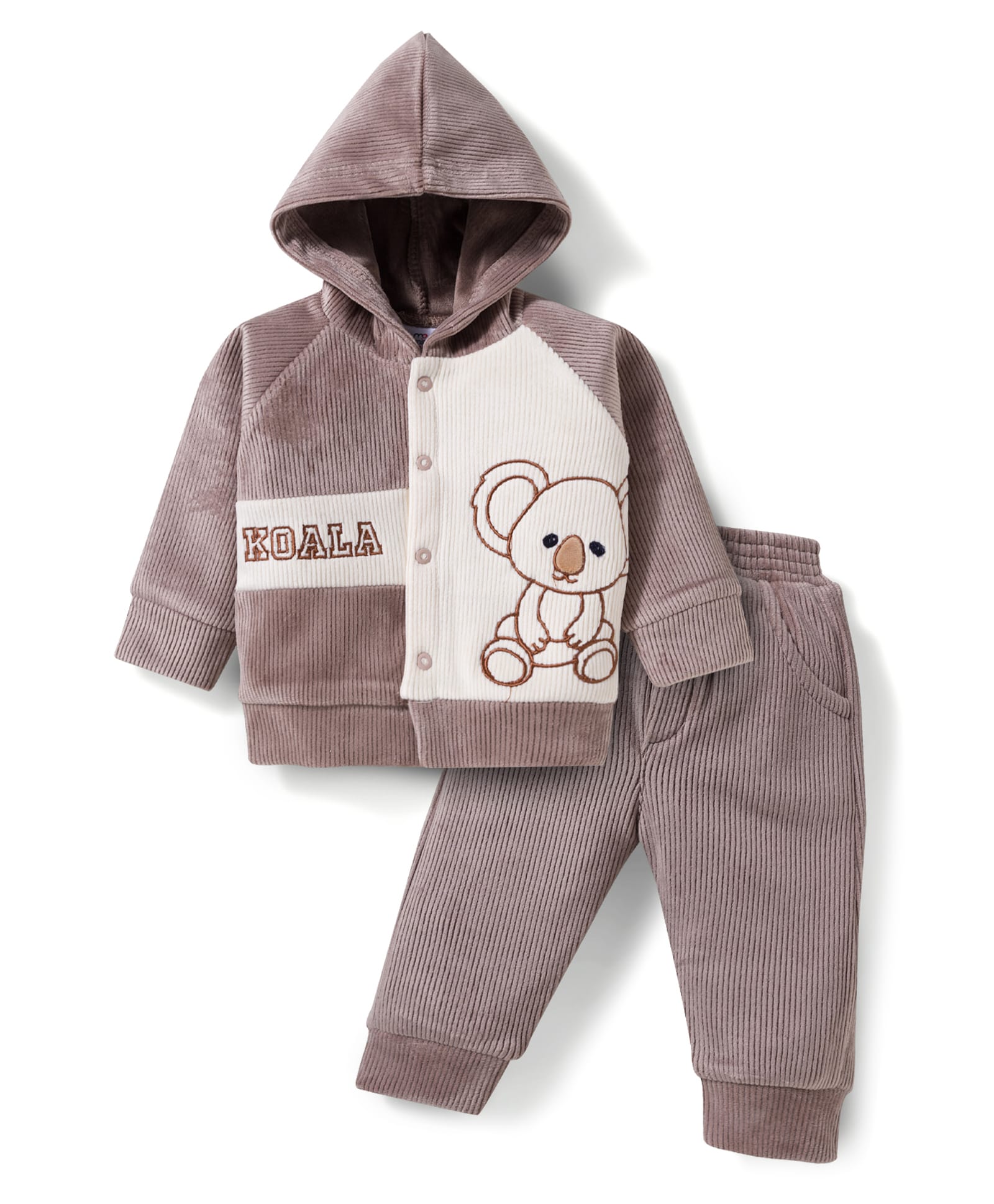Mom's pet Fleece Knit Full Sleeves Koala Bear Embroidered Light Winter Hooded Sweatjacket With Joggers Set - Brown-picture-23