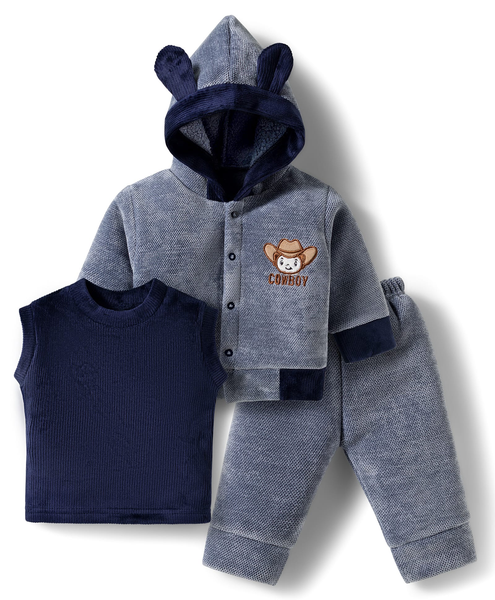Mom's pet Fleece Knit Full Sleeves Cowboy Text Embroidered Winter Hooded Jacket & Joggers With Inner Tee Set - Grey-image-40