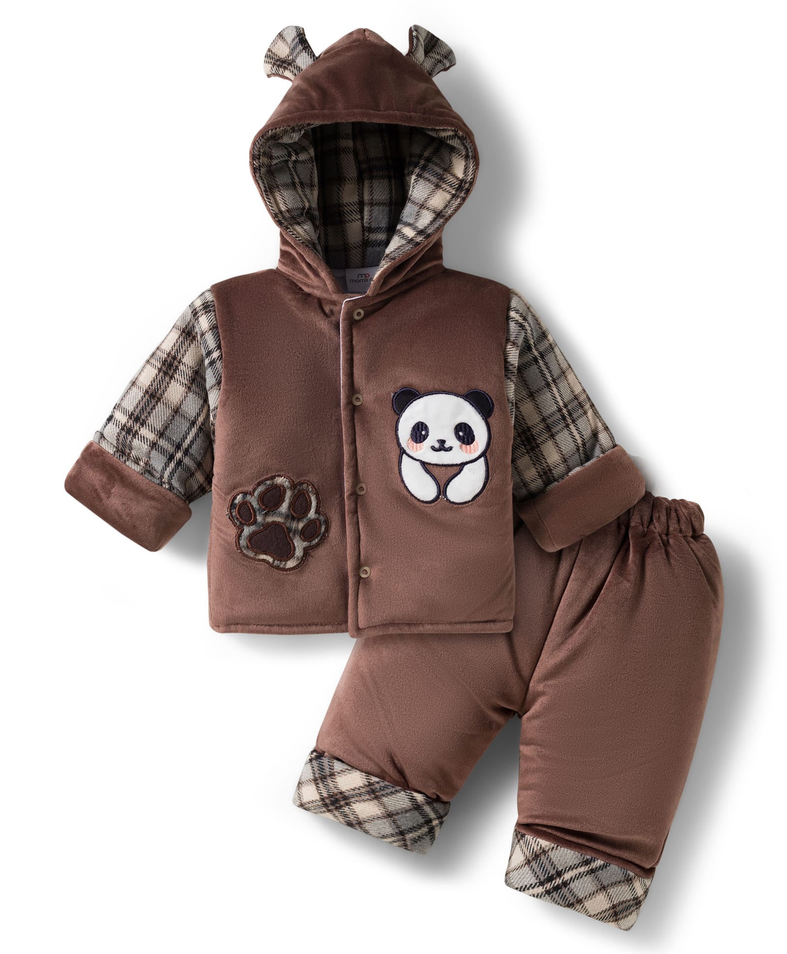 Mom's pet Velvet Knit Full Sleeves Panda Embroidered Winter Hooded Jacket & Pant Set -Brown-picture-22