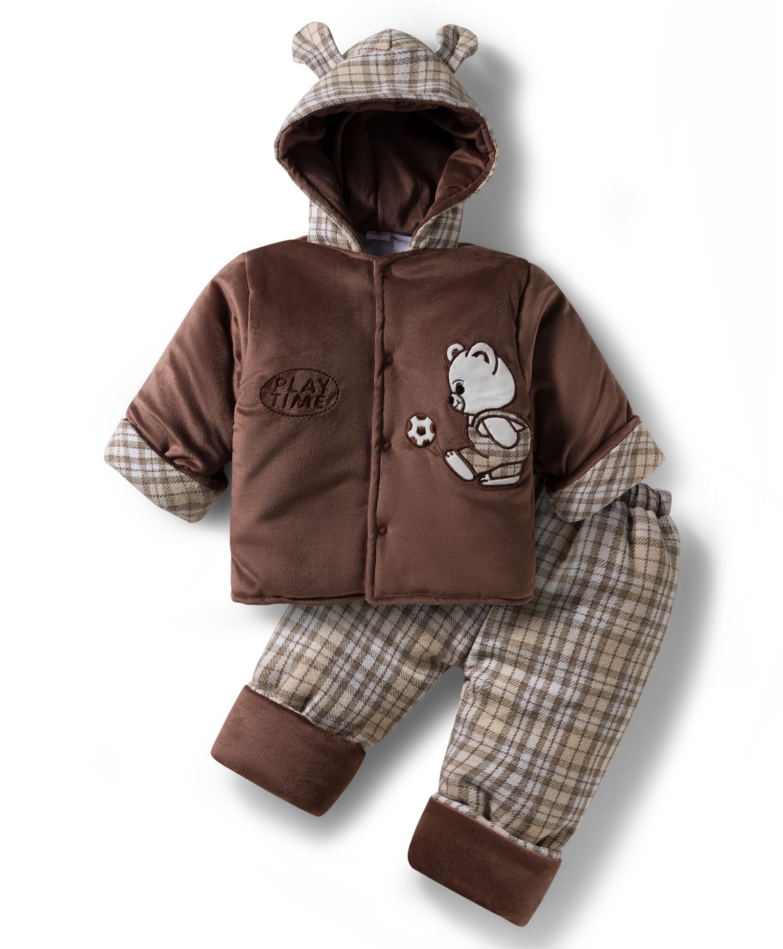 Mom's pet Velvet Knit Full Sleeves Panda Embroidered Winter Hooded Jacket & Pant Set - Brown-picture-27